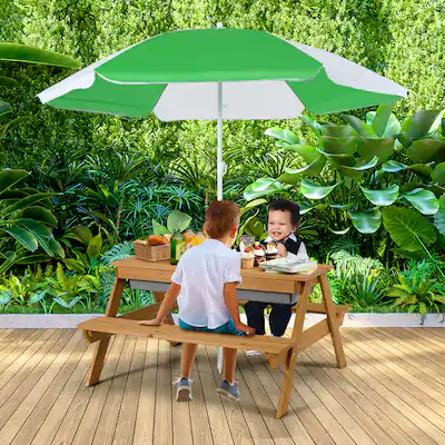 kids patio table with umbrella Wooden Outdoor Picnic w/ Adjustable Umbrella, Built-In Seats Foldable Umbrella HONEY JOY Kids Picnic Table,