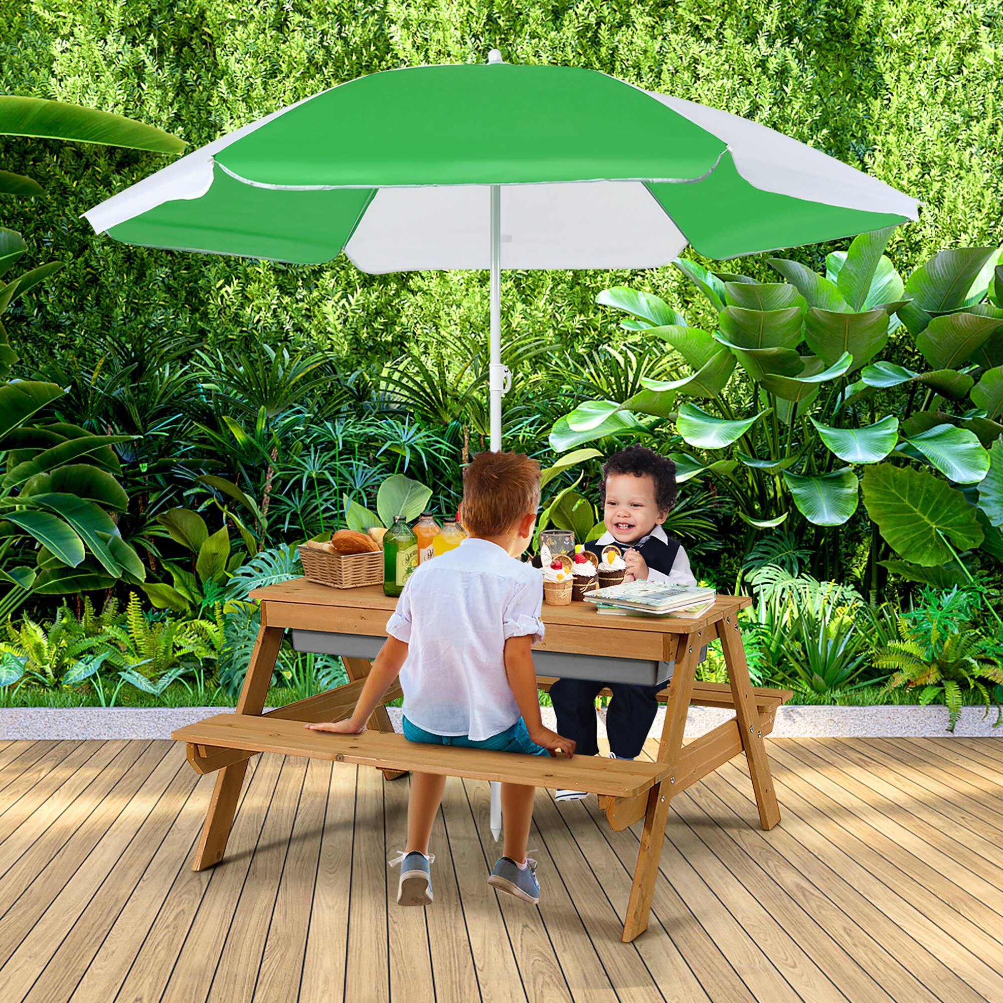 Alt View 4. Costway - Costway 3-in-1 Kids Picnic Table Wooden Outdoor Sand & Water Table with Umbrella Play Boxes - Natural.