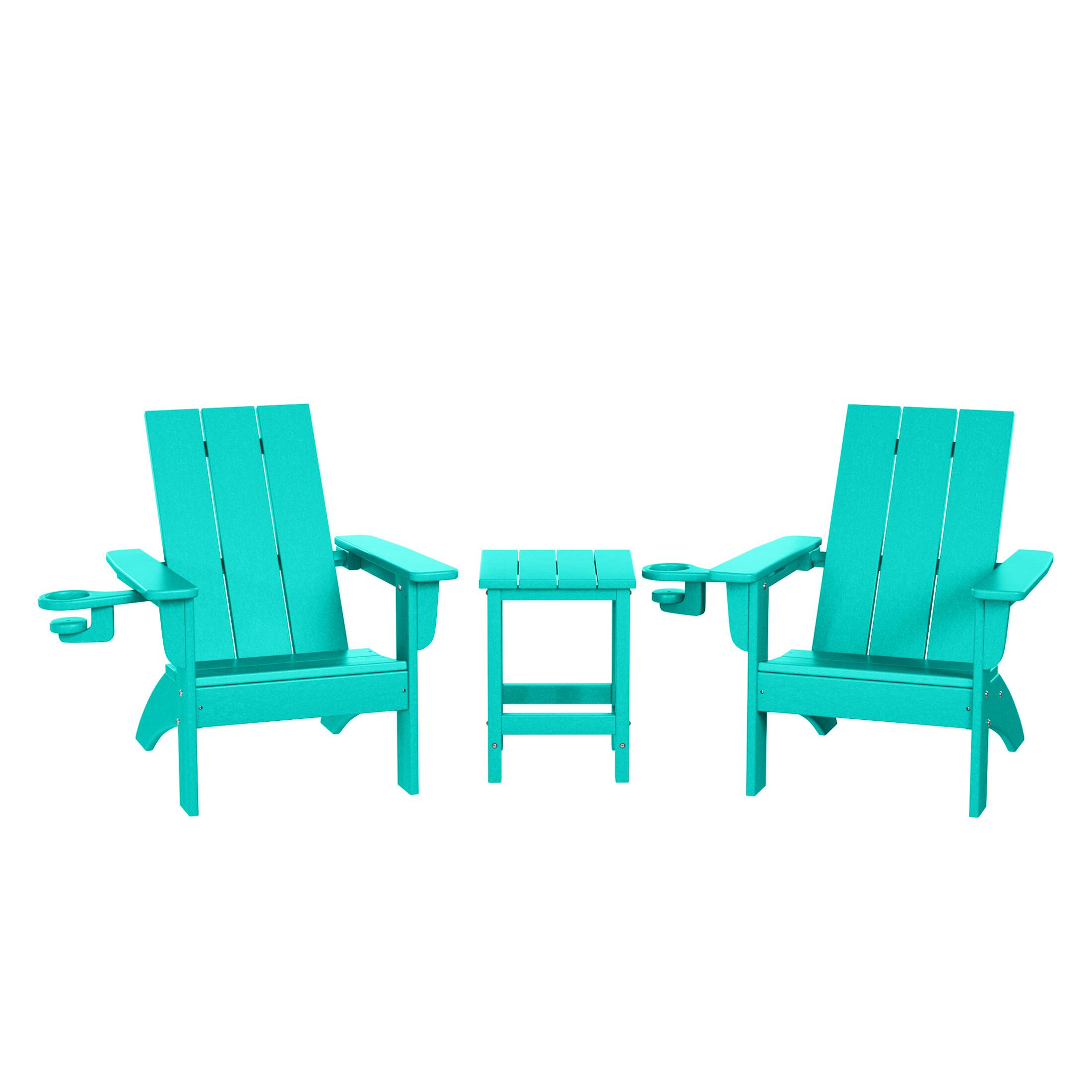 WestinTrends - Ashore 3-Piece Kids HDPE Modern Adirondack Chairs Set with Square Side Table and Cup Holders - Turquoise