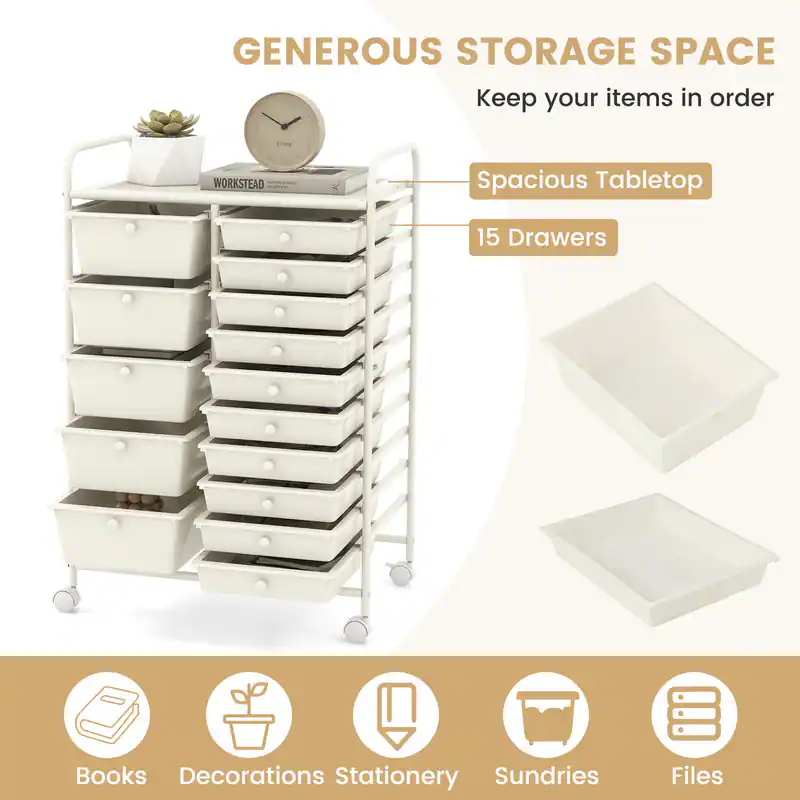 GENEROUS STORAGE SPACE  
Keep your items in order  
WORKSTEAD Spacious Tabletop  
15 Drawers  
Books  
Decorations  
Stationery  
Sundries  
Files