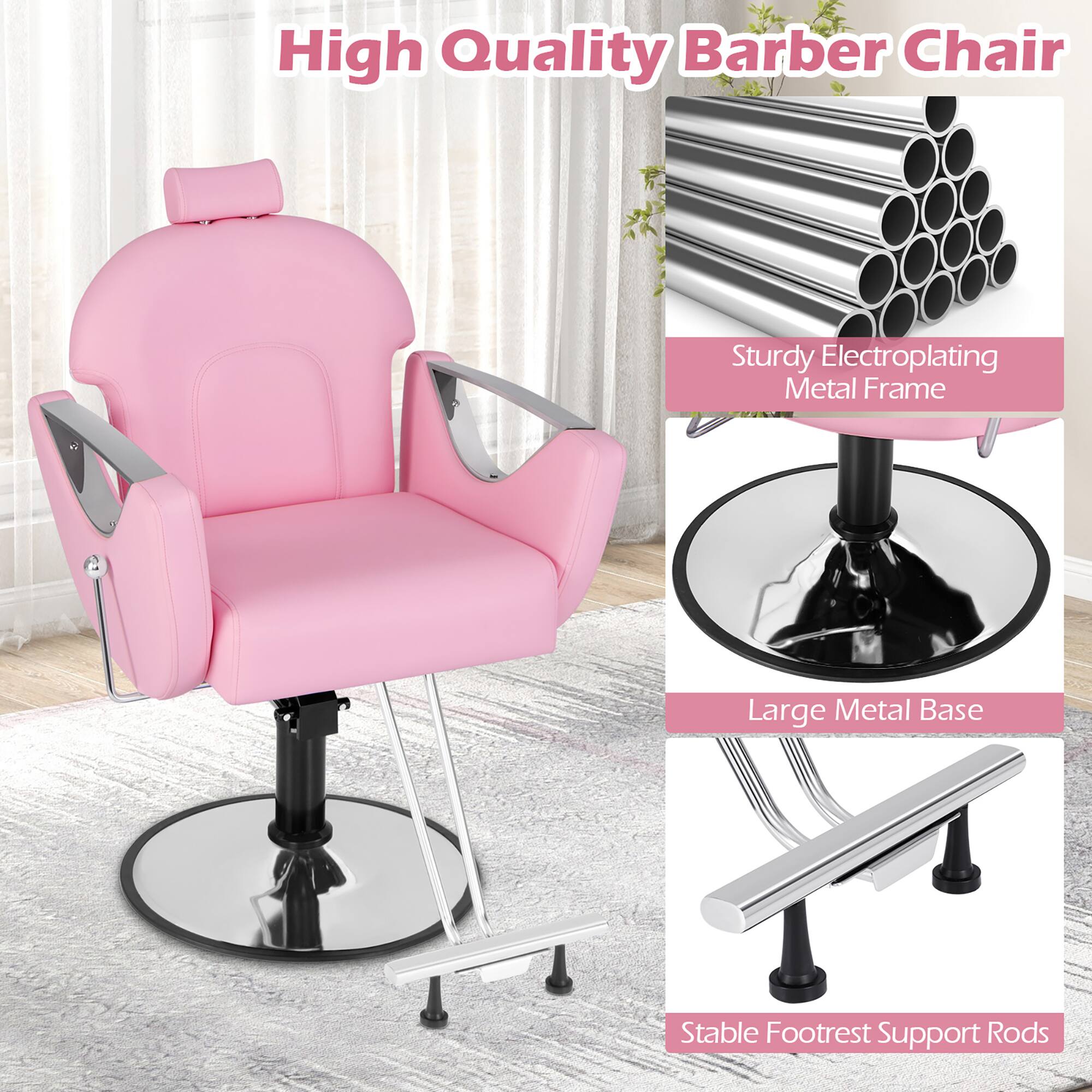 High Quality Barber Chair

- Sturdy Electroplating Metal Frame
- Large Metal Base
- Stable Footrest Support Rods