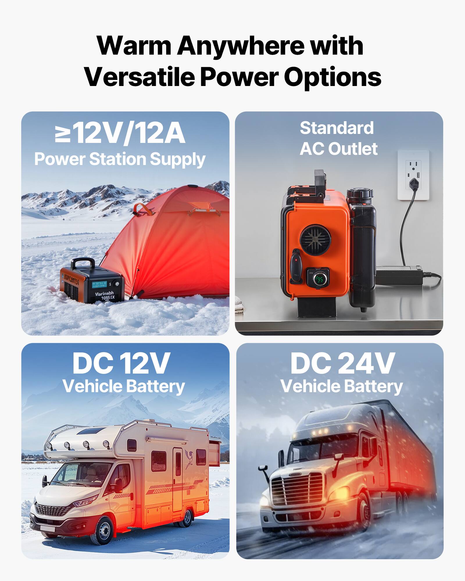 Warm Anywhere with Versatile Power Options

- ≥12V/12A Power Station Supply
- Standard AC Outlet
- DC 12V Vehicle Battery
- DC 24V Vehicle Battery