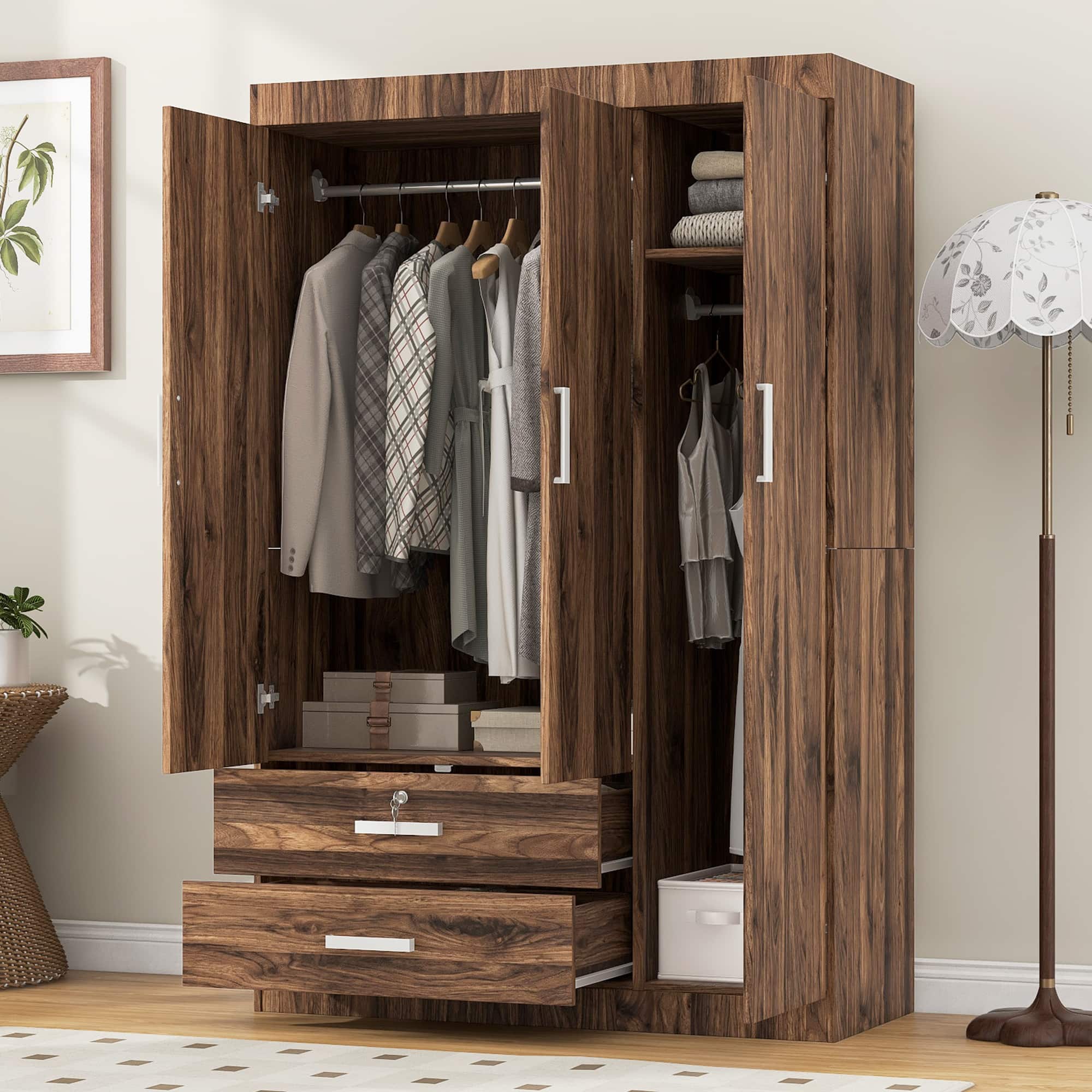 Whisen - 3-Door Wooden Wardrobe with 2 Hanging Rods and Drawers,Large Capacity Storage Closet Armoire - Brown