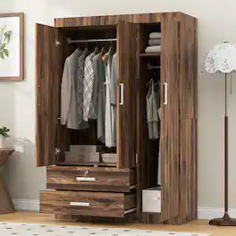 Whisen - 3-Door Wooden Wardrobe with 2 Hanging Rods and Drawers,Large Capacity Storage Closet Armoire - Brown