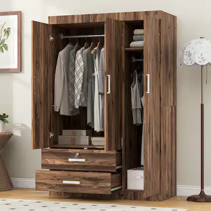 Front. Whisen - 3-Door Wooden Wardrobe with 2 Hanging Rods and Drawers,Large Capacity Storage Closet Armoire - Brown.