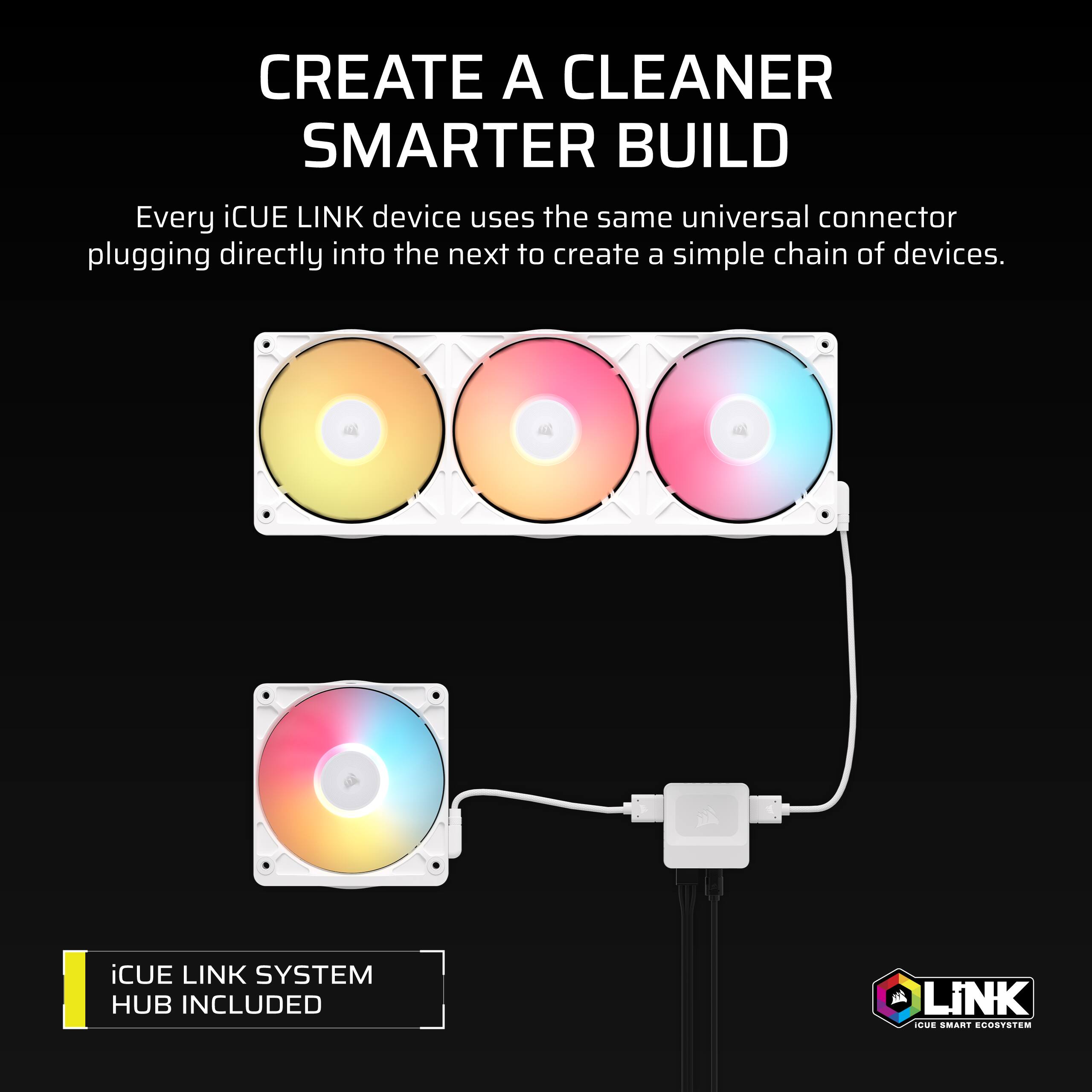 CREATE A CLEANER SMARTER BUILD

Every iCUE LINK device uses the same universal connector plugging directly into the next to create a simple chain of devices.

iCUE LINK SYSTEM HUB INCLUDED

LINK
iCUE SMART ECOSYSTEM