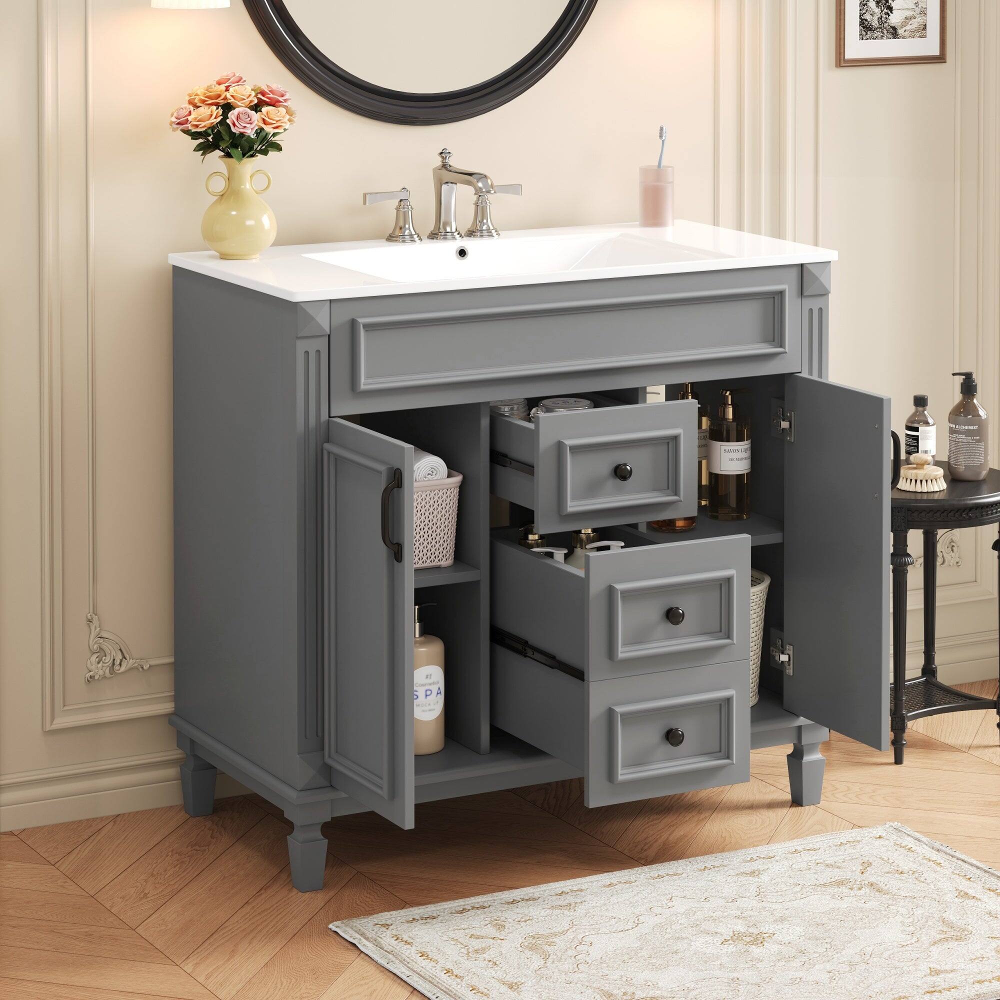 Alt View 2. Boyel Living - 36 Inch Bathroom Vanity with Ceramic Sink 2 Doors 2 Drawers Grey - Gray.