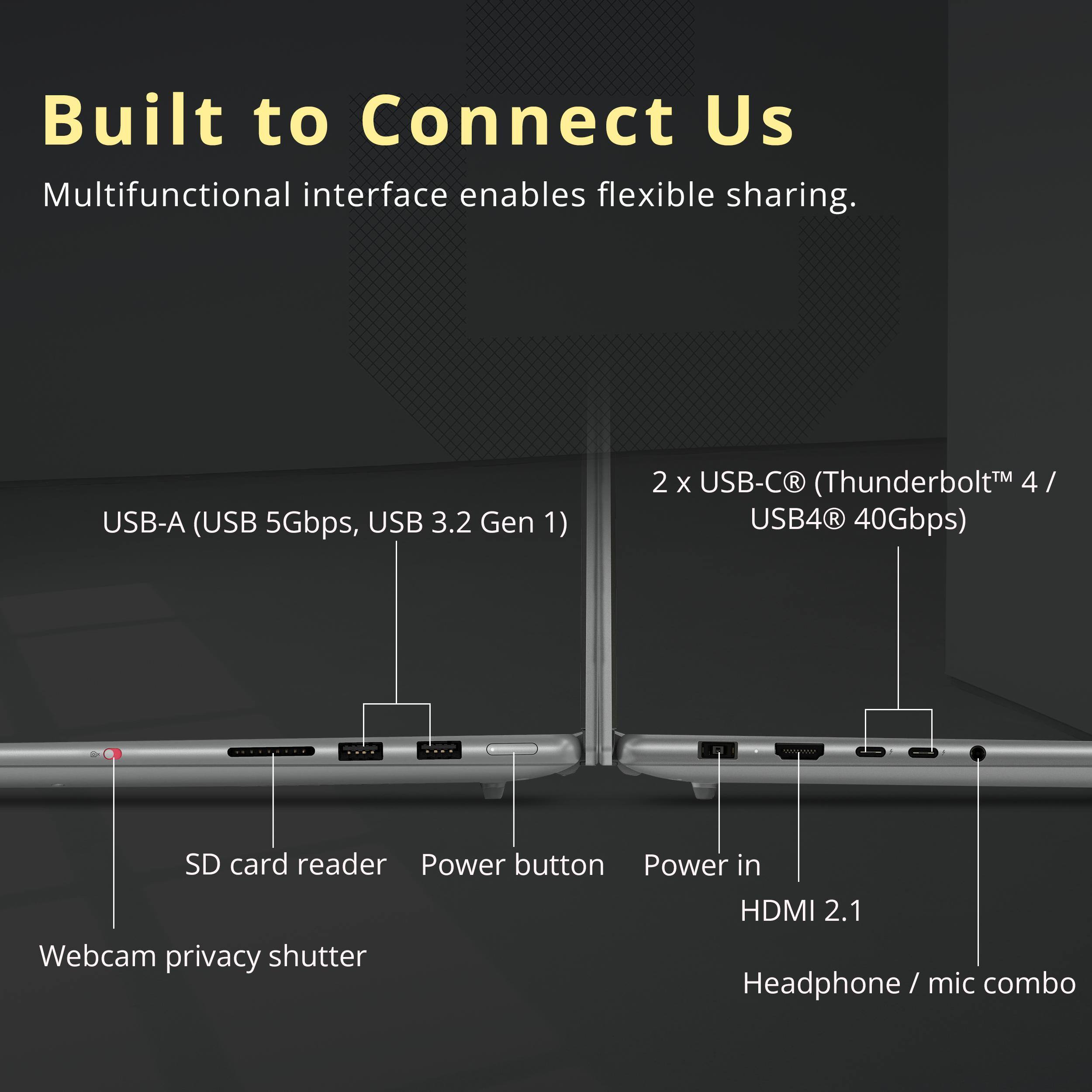 Built to Connect Us  
Multifunctional interface enables flexible sharing.

- USB-A (USB 5Gbps, USB 3.2 Gen 1)
- 2 x USB-C (Thunderbolt™ 4 / USB4® 40Gbps)
- SD card reader
- Power button
- Power in
- HDMI 2.1
- Webcam privacy shutter
- Headphone / mic combo