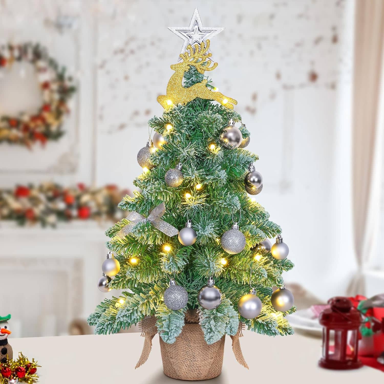 Front. Nordic Hygge - 24 Mini Christmas Tree Battery Operated, Prelit Flocked Small Christmas Tree, Artificial Tabletop Xmas Tree Décor - Green.
