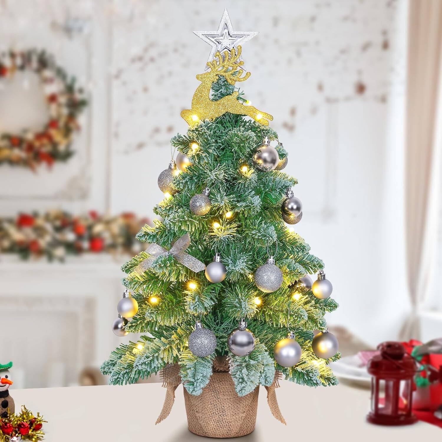 Front. Nordic Hygge - 24 Mini Christmas Tree Battery Operated, Prelit Flocked Small Christmas Tree, Artificial Tabletop Xmas Tree Décor - Green.