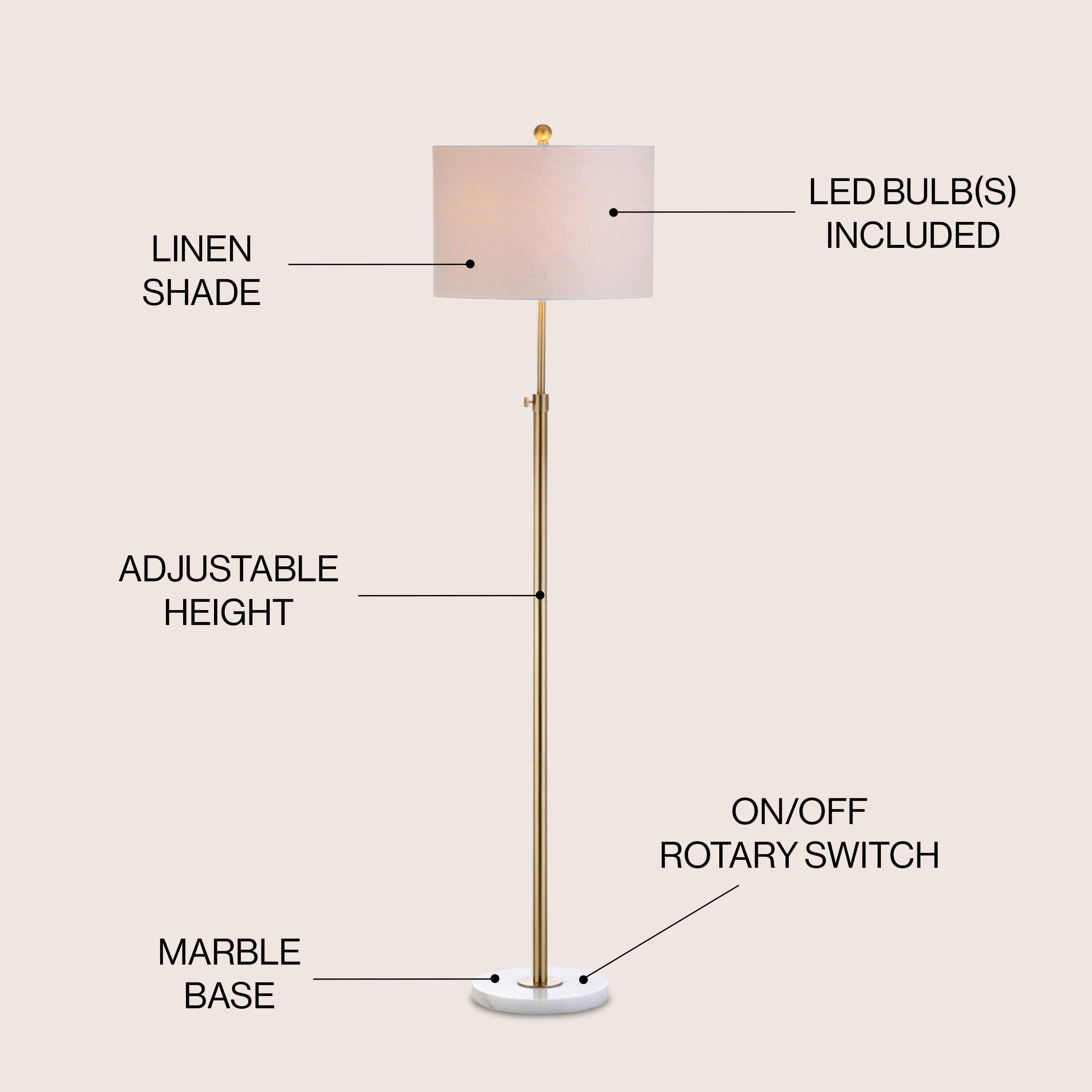 LINEN SHADE  
LED BULB(S) INCLUDED  
ADJUSTABLE HEIGHT  
ON/OFF ROTARY SWITCH  
MARBLE BASE