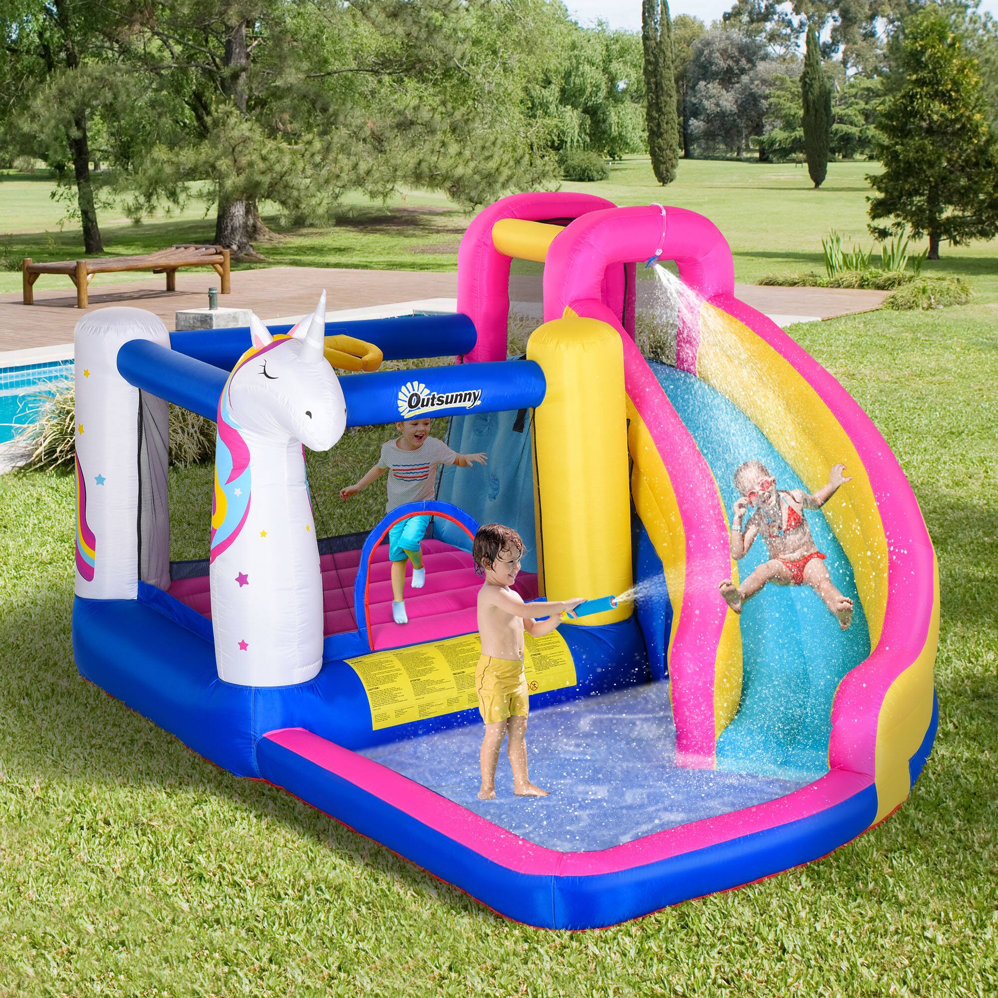 Back. Loheer - Loheer Unicorn Inflatable Water Slide Bounce House Splash Pool Kids Backyard Water Park Blower Included.