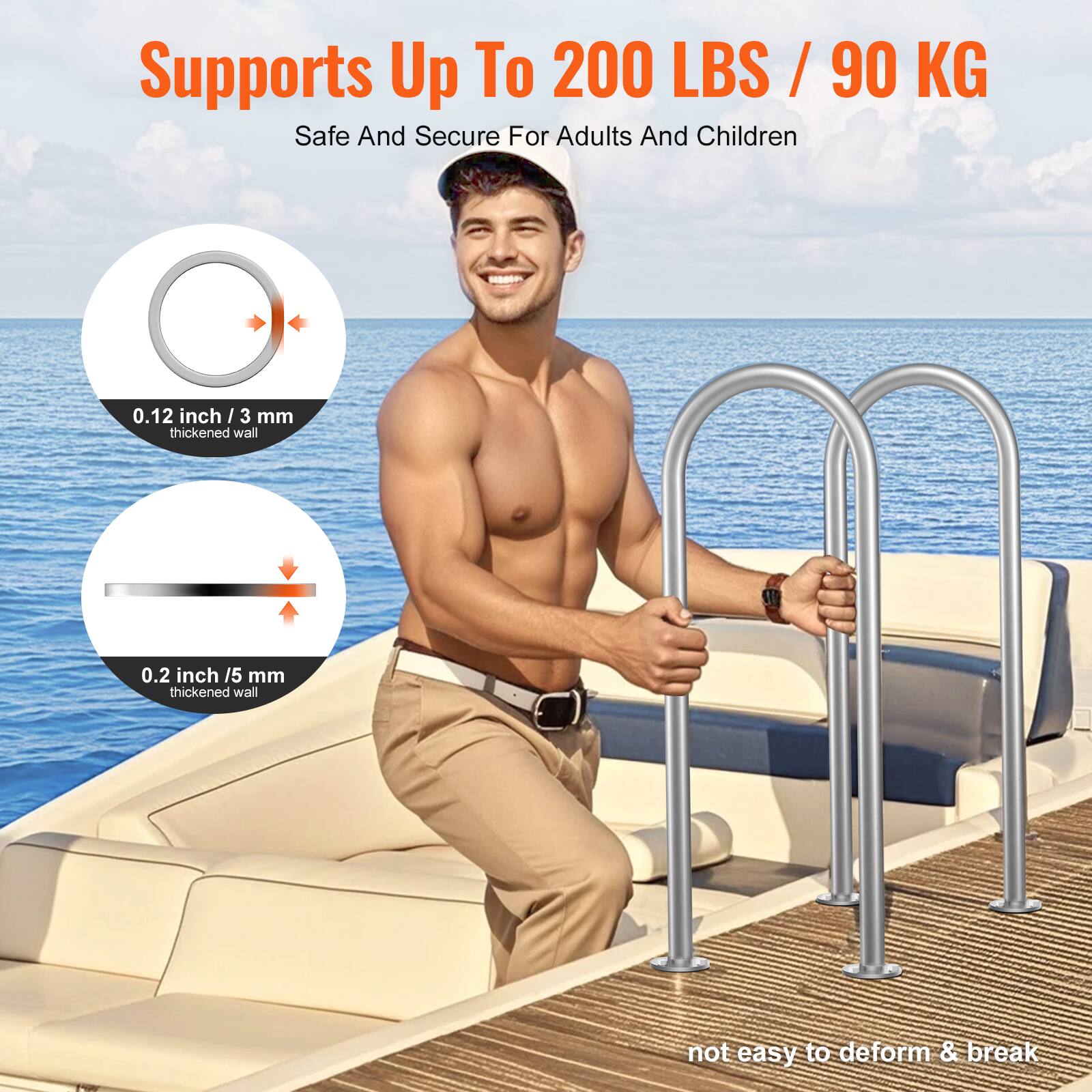 Supports Up To 200 LBS / 90 KG  
Safe And Secure For Adults And Children  

0.12 inch / 3 mm thickened wall  
0.2 inch / 15 mm thickened wall  

not easy to deform & break