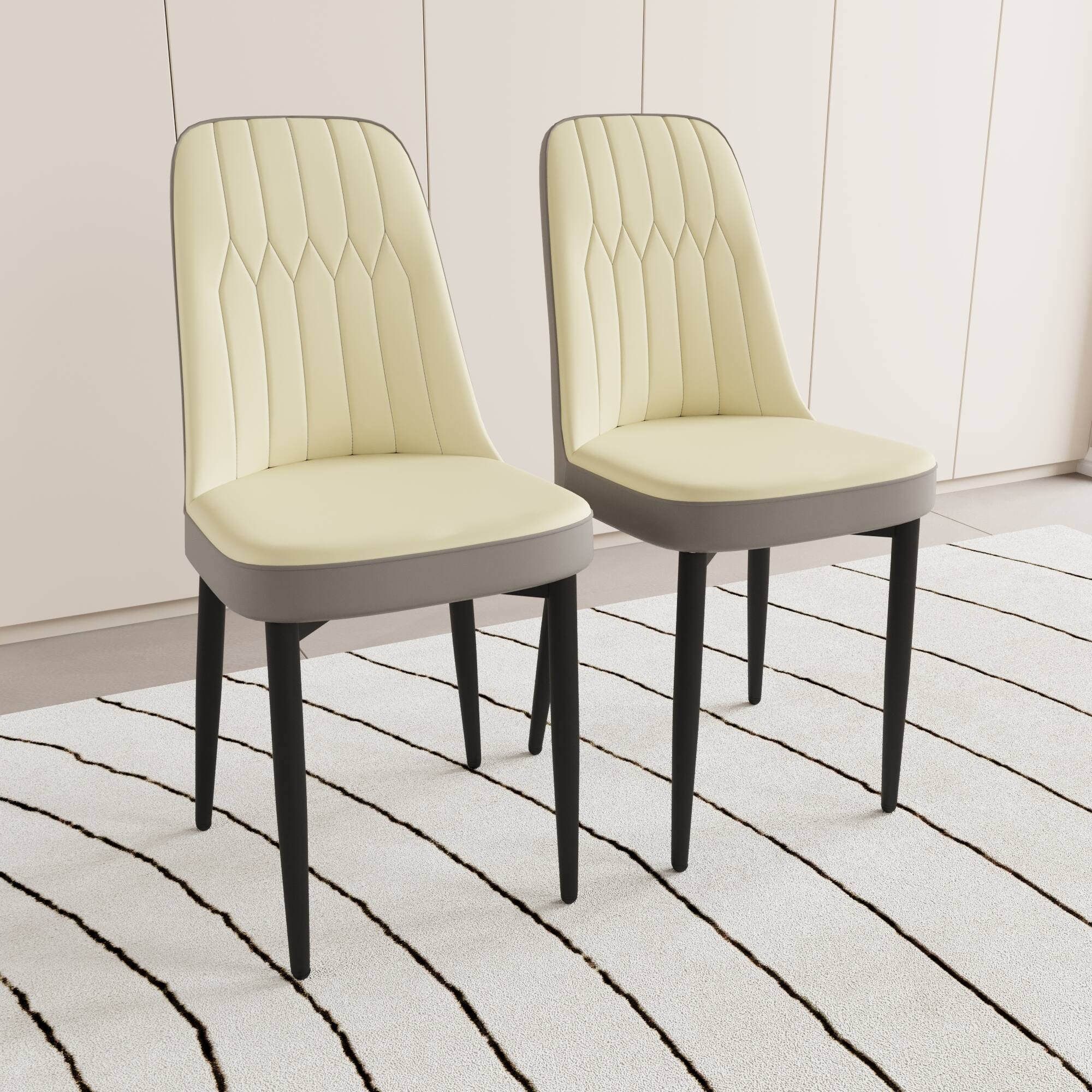 Front. Tiramisubest - Modern Style Dining Chair Set of 2 with Thick Cushions and Black Metal Legs in Beige and Grey PU Leather - Beige.