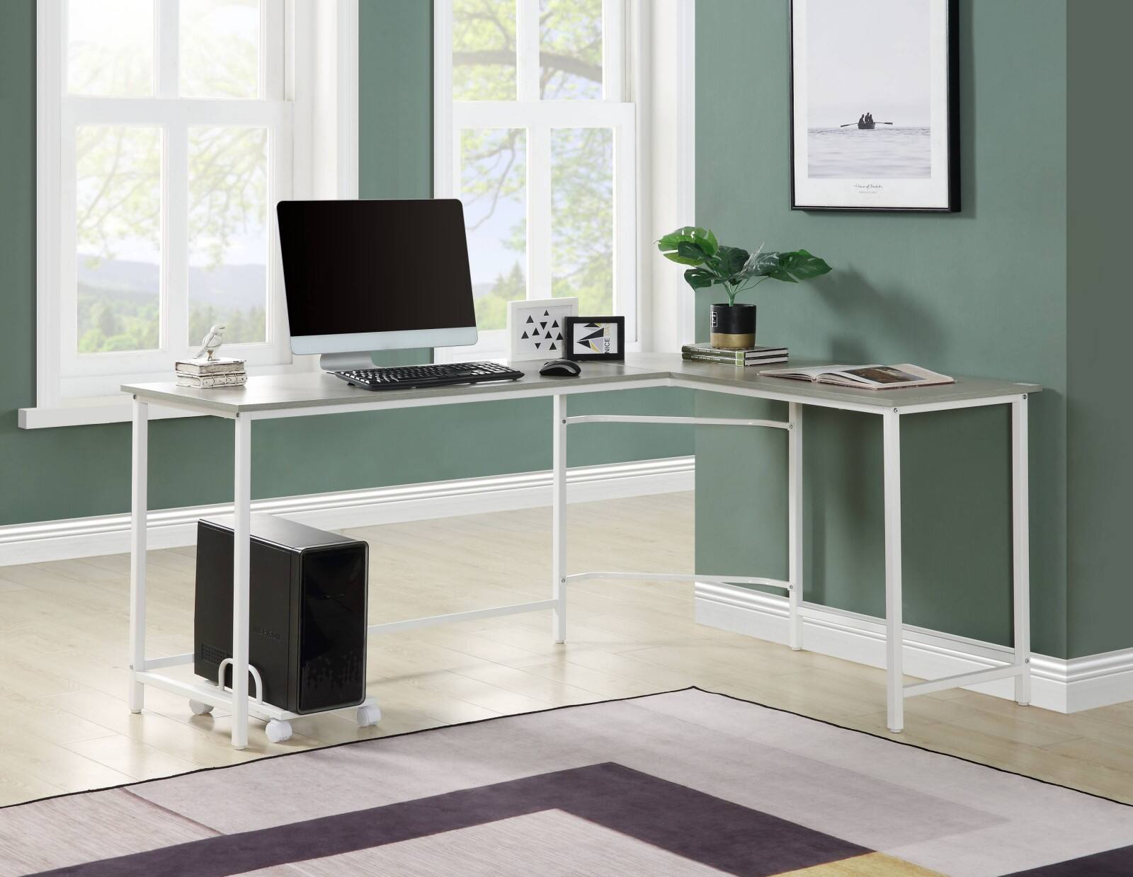 Alt View 1. Glintex - L-Shaped Computer Desk with 15mm Thick Top, Bevel Edge Design, Sturdy Metal Frame and Mobile CPU Holder - Gray,White.