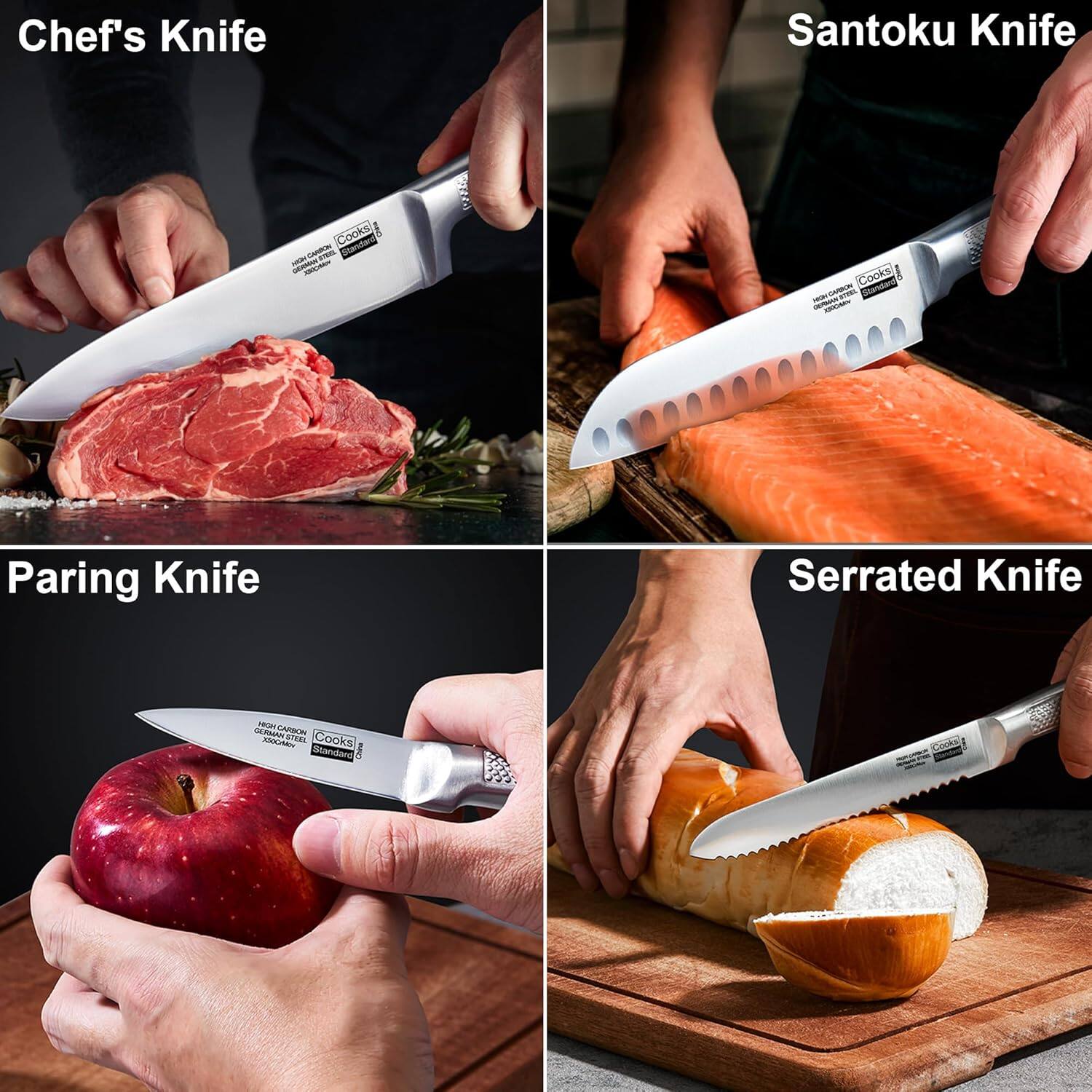 Chef's Knife  
Santoku Knife  
Paring Knife  
Serrated Knife