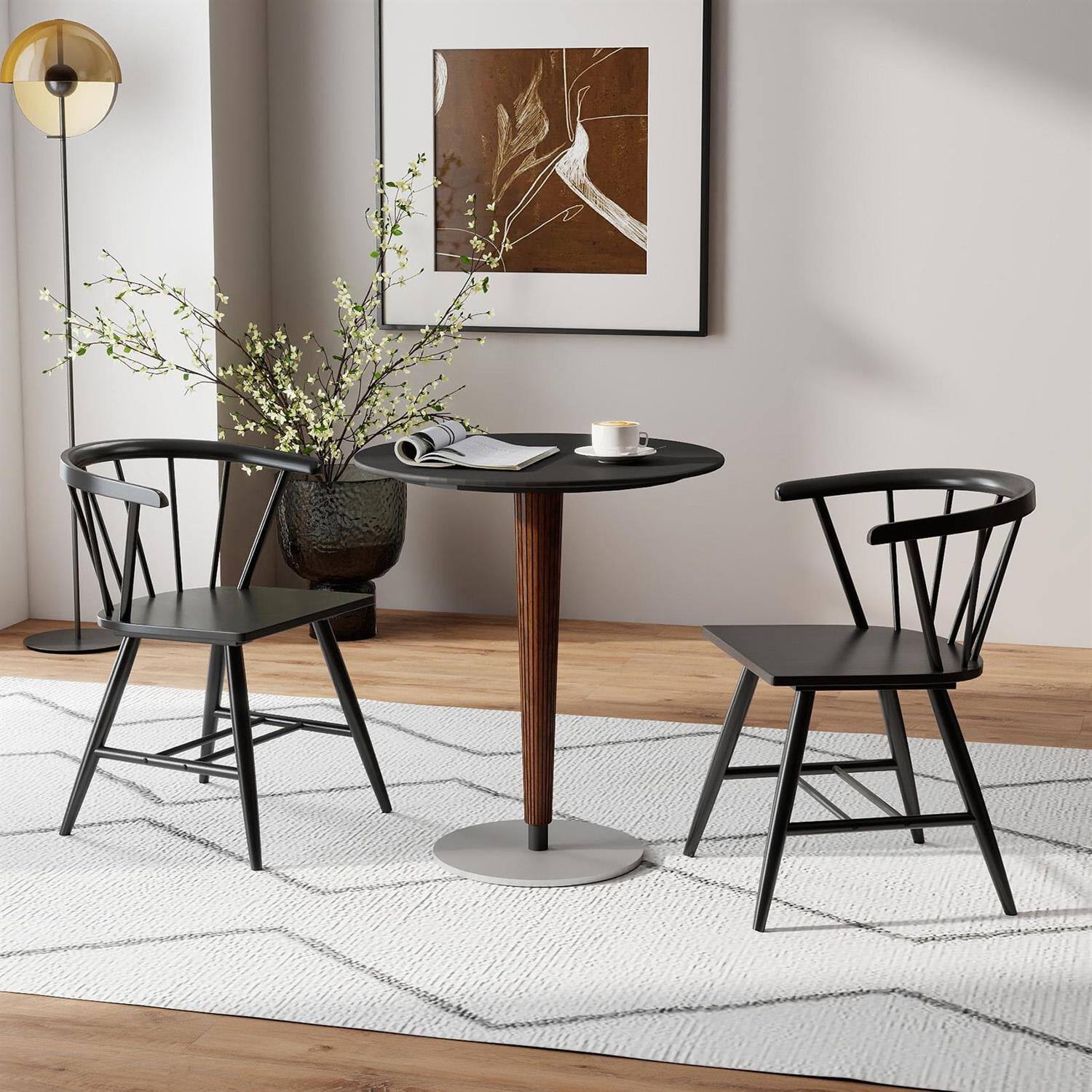 Left. Pefilos - Set of 2 Windsor Dining Chairs,Rubber Wood Spindle Back,H-Crossbars,Black - Black.