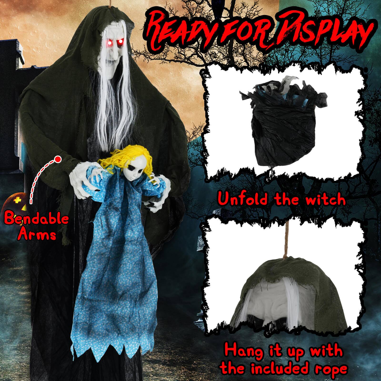 READY FOR DISPLAY
Bendable Arms
Unfold the witch
Hang it up with the included rope