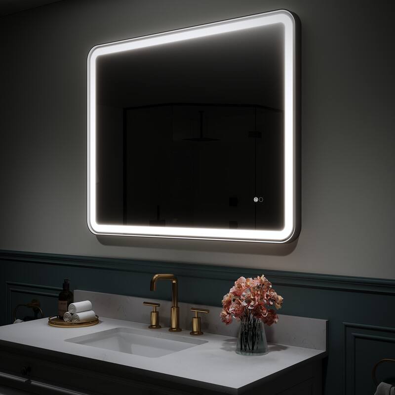 Left. WELLFOR - 40 in. W x 32 in. H Anti-Fog LED Bathroom Mirror, Wall Bathroom Vanity Mirror with Framed Round Corner - Matte Black.