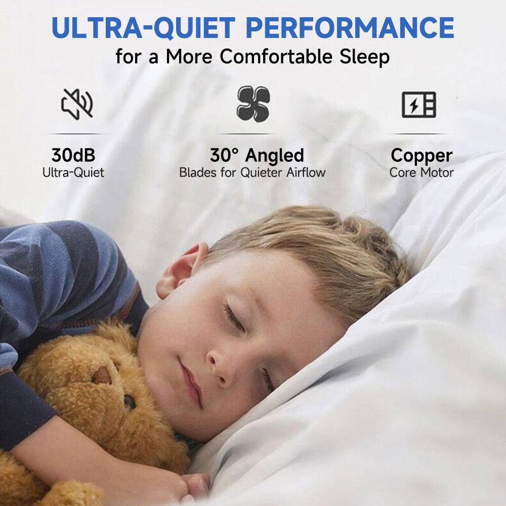 ULTRA-QUIET PERFORMANCE for a More Comfortable Sleep

- 30dB Ultra-Quiet
- 30° Angled Blades for Quieter Airflow
- Copper Core Motor