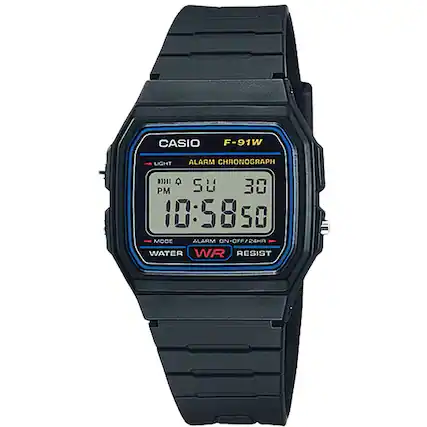 CASIO F-91W
LIGHT ALARM CHRONOGRAPH
PM 5U 30
10:58:50
MODE ALARM ON-OFF/24HR
WATER WR RESIST