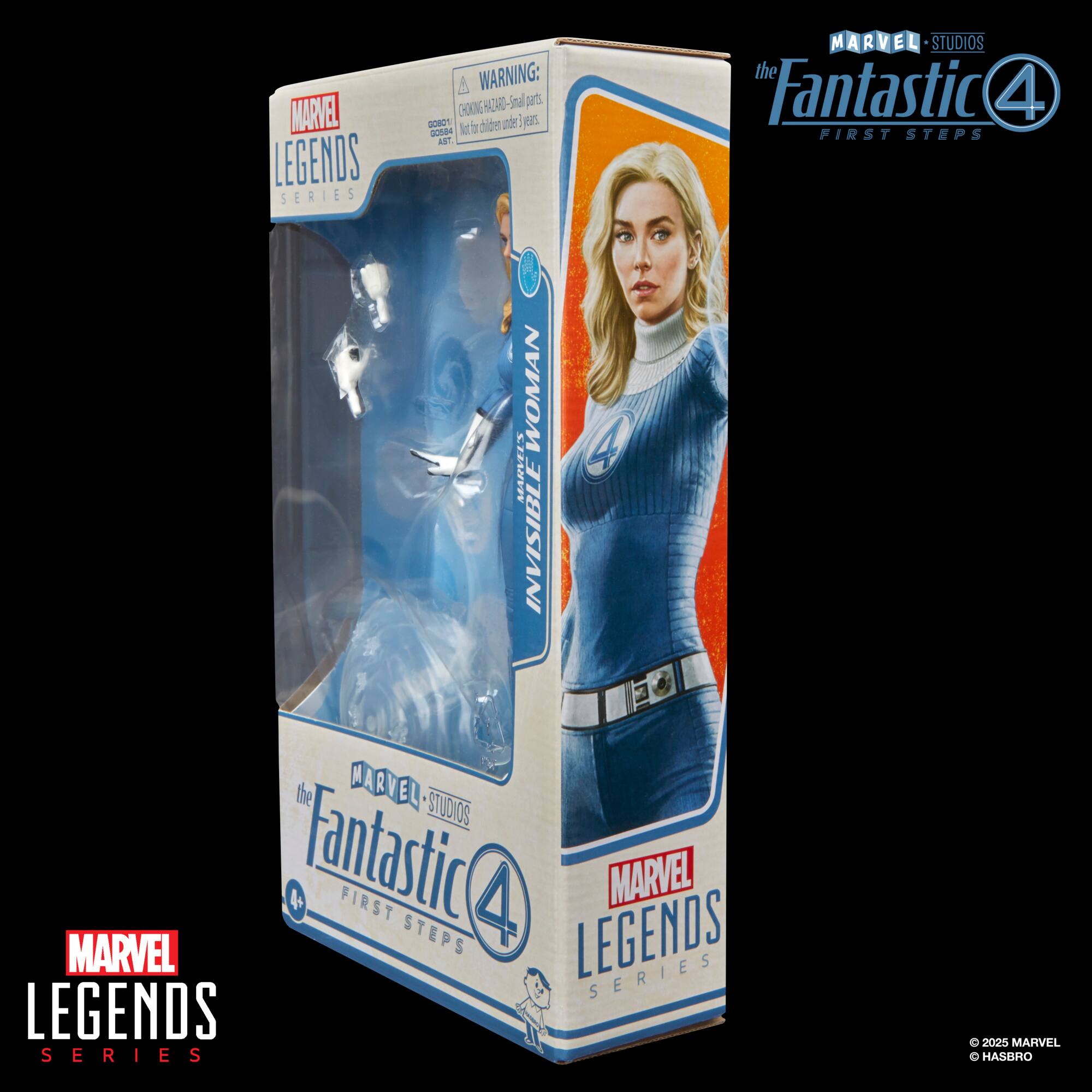 The image features a box of the Marvel Legends Series, which includes a figure of the Invisible Woman from the Fantastic Four. The box is designed to resemble a comic book, and the figure is displayed prominently on the front. The box is white and blue, with the Marvel Legends logo and the Fantastic Four logo visible on the front. The back of the box showcases the other figures in the series, highlighting the collectible nature of the toys.