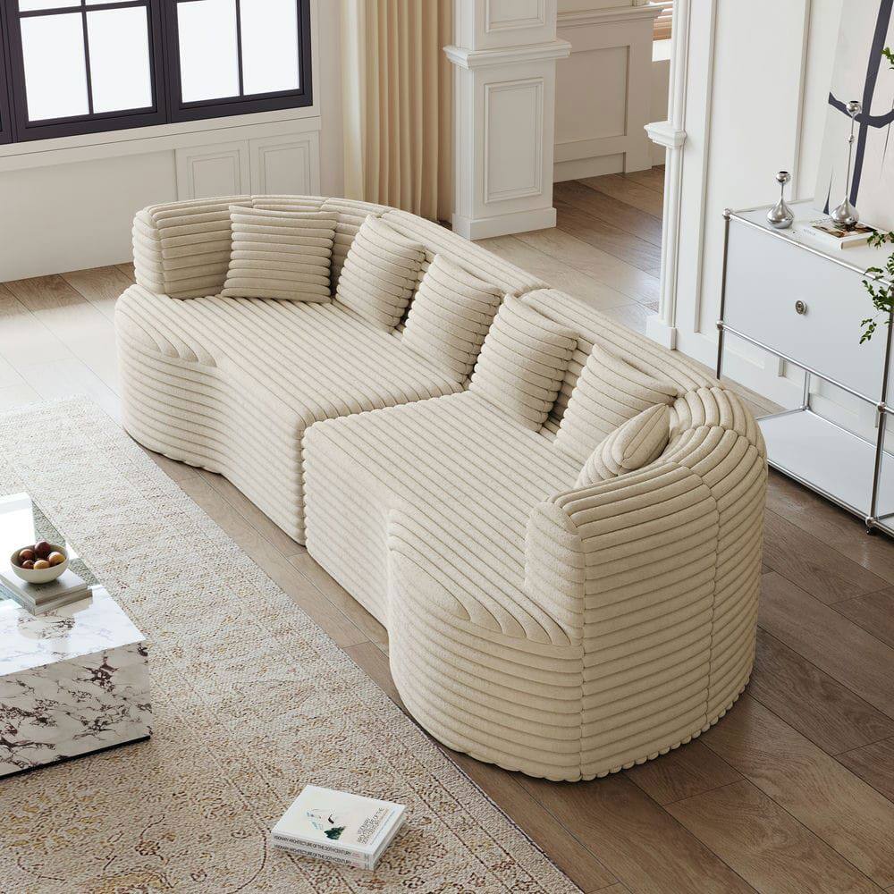 Alt View 8. Kadyn - 106.3" Curved Sectional Sofa, 4-Seater Corduroy Cloud Couch with 6 Pillows and Memory Foam - Beige.