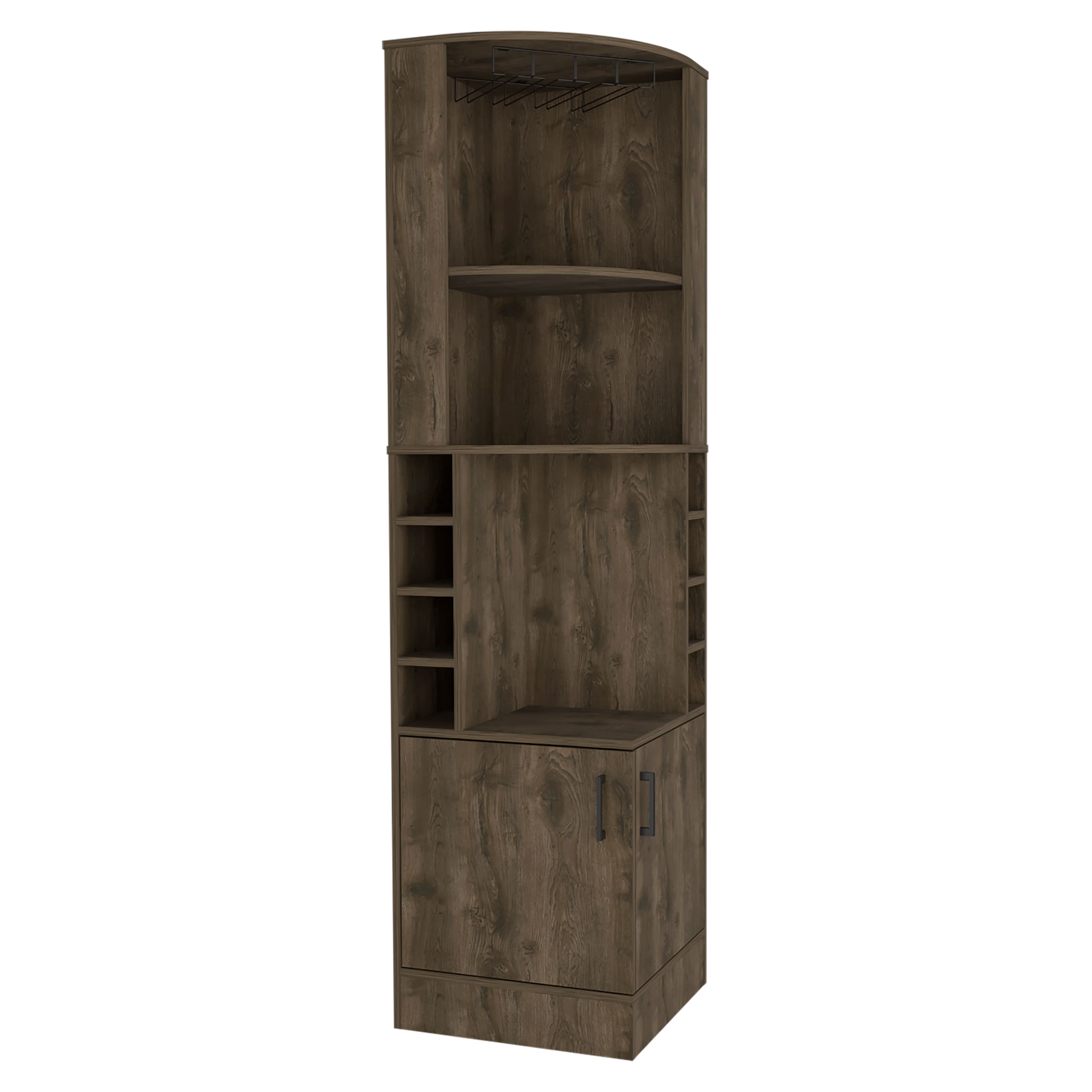 TuHome - Syrah Corner Bar Cabinet, Eight Bottle Cubbies, Double Door, Two Open Shelves, Bar Room or Living Room - Dark Brown