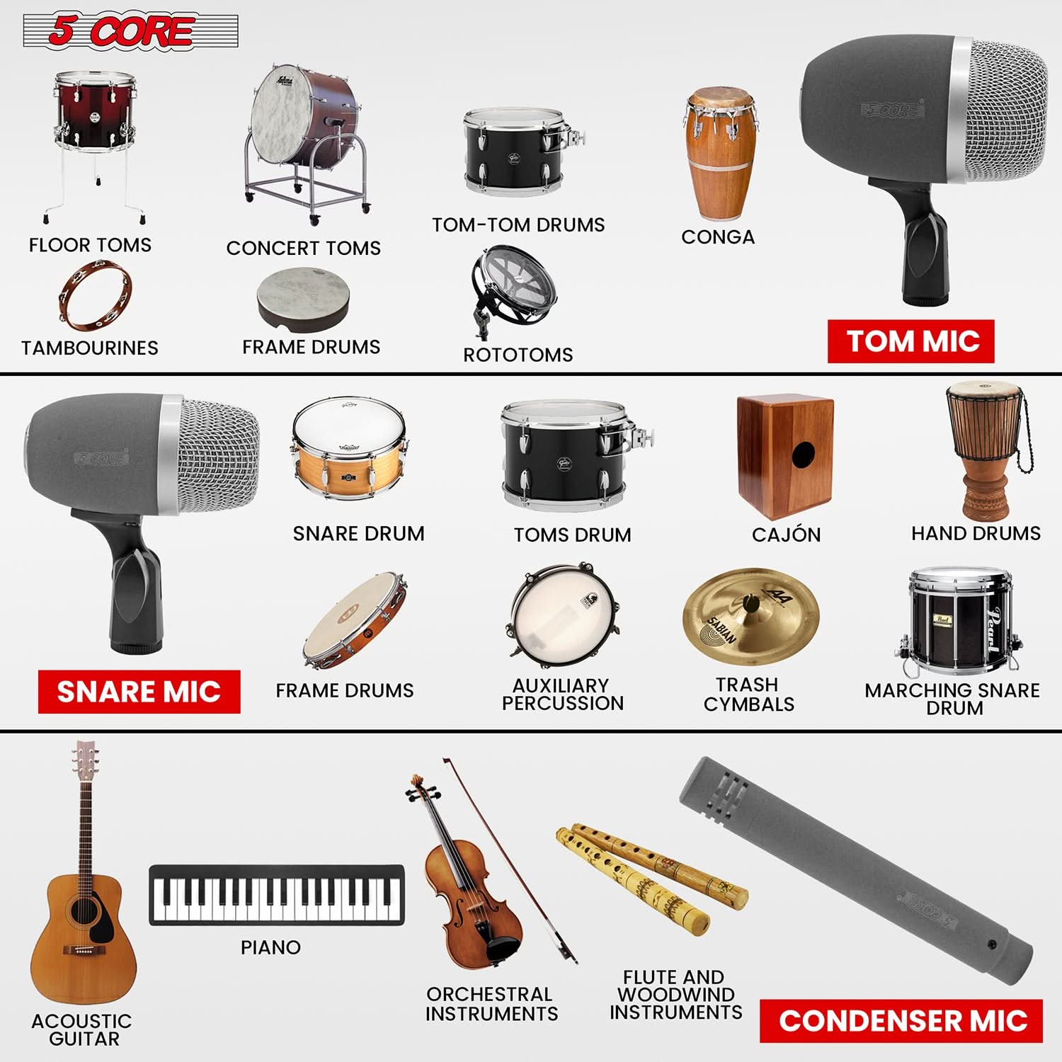 5 CORE

- FLOOR TOMS
- CONCERT TOMS
- TOM-TOM DRUMS
- CONGA
- TAMBORINES
- FRAME DRUMS
- ROTOTOMS
- SNARE DRUM
- TOMS DRUM
- CAJON
- HAND DRUMS
- AUXILIARY PERCUSSION
- TRASH CYMBALS
- MARCHING SNARE DRUM
- ACOUSTIC GUITAR
- PIANO
- ORCHESTRAL INSTRUMENTS
- FLUTE AND WOODWIND INSTRUMENTS

MIC
- TOM MIC
- SNARE MIC
- CONDENSER MIC