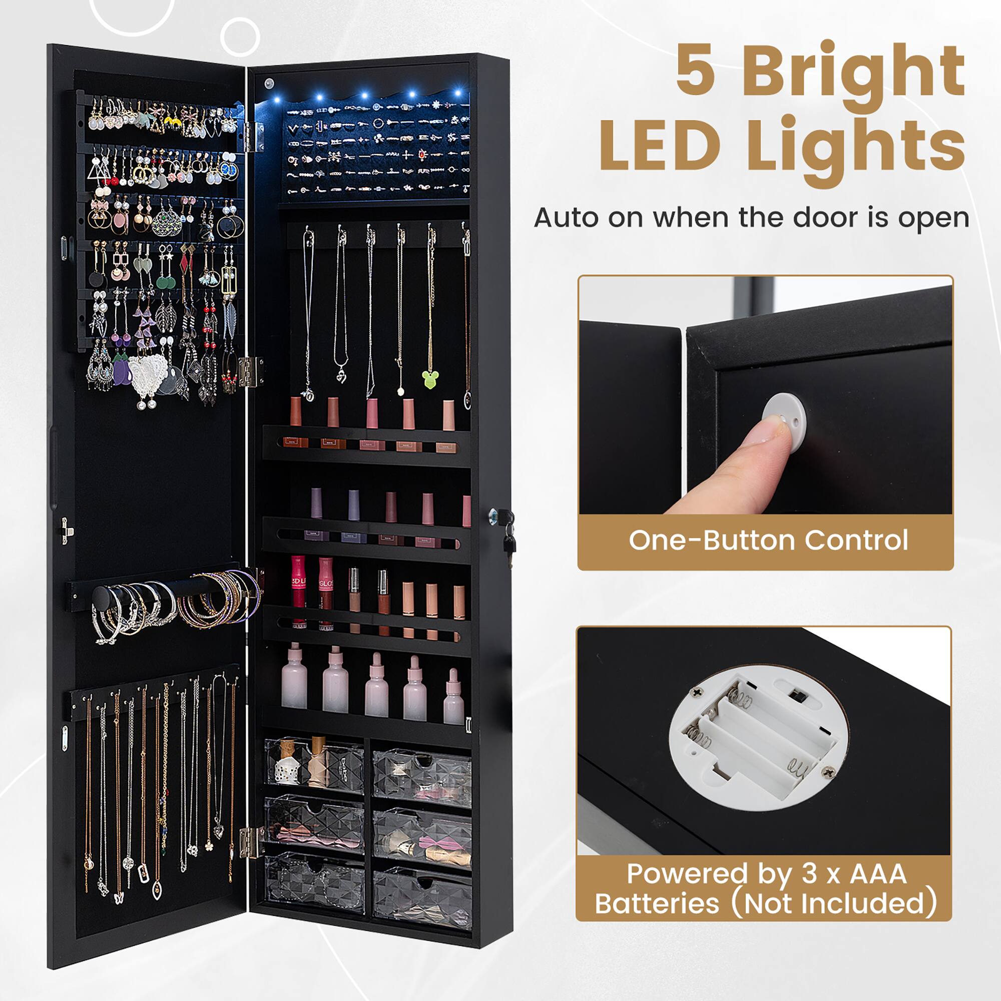 5 Bright LED Lights  
Auto on when the door is open  

One-Button Control  

Powered by 3 x AAA Batteries (Not Included)