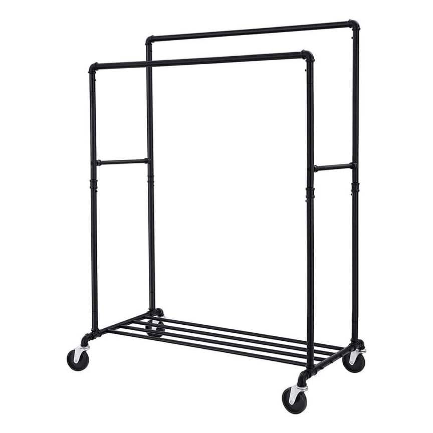 Hivvago - Heavy Duty Rustic Pipe Double-Rail Clothes Garment Rack w/ Locking Wheels - Black