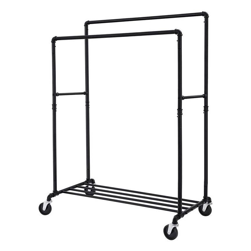 Hivvago - Heavy Duty Rustic Pipe Double-Rail Clothes Garment Rack w/ Locking Wheels - Black
