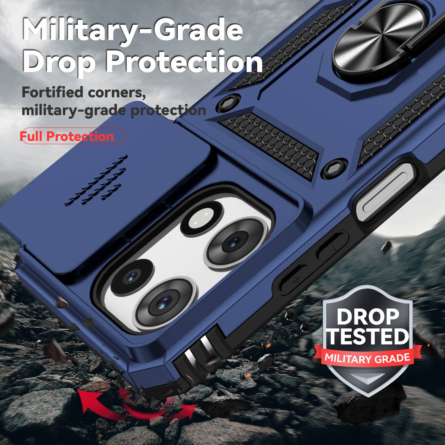 Military-Grade Drop Protection  
Fortified corners, military-grade protection  
Full Protection  

DROP TESTED  
MILITARY GRADE