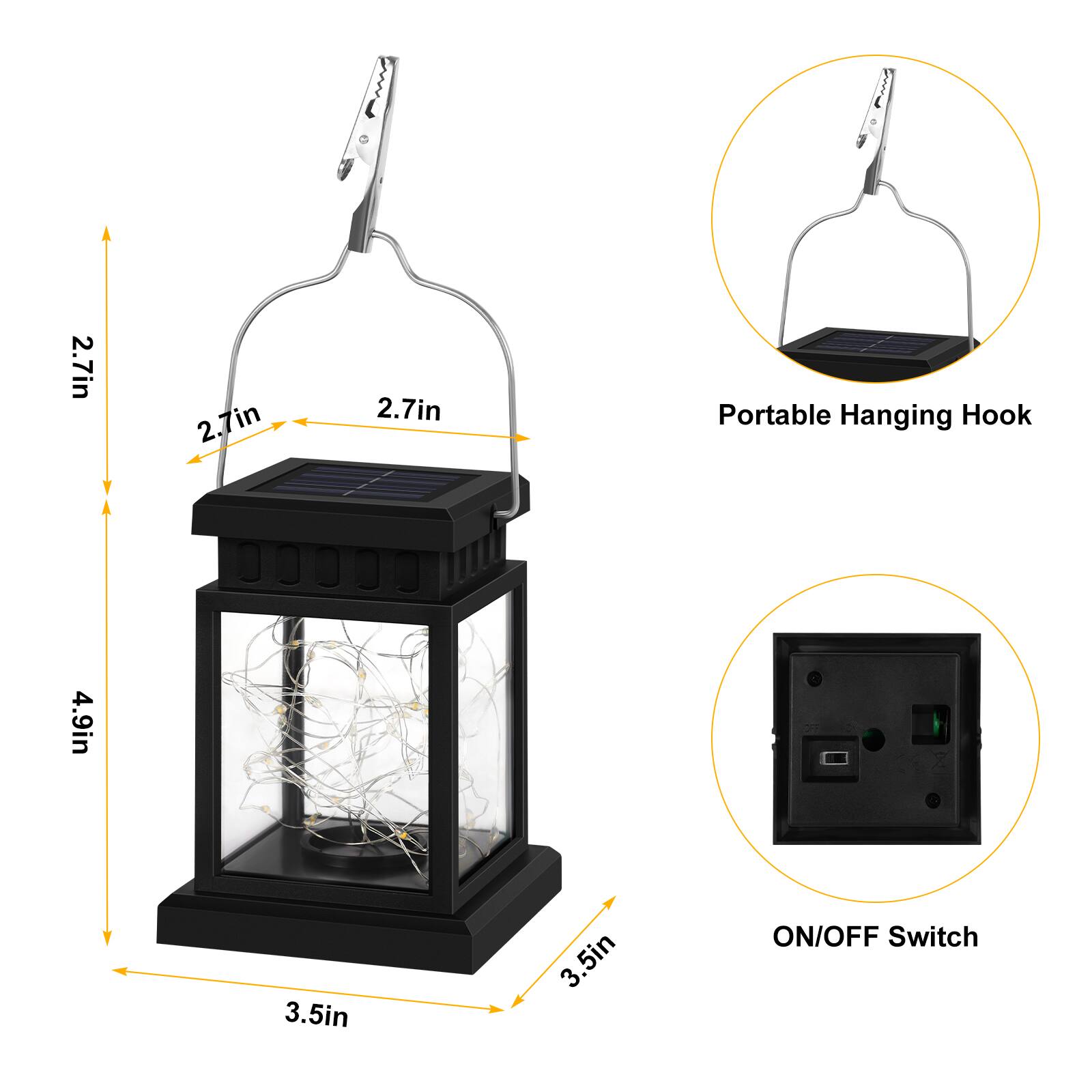 2.7in 2.7in 2.7in Portable Hanging Hook  
4.9in 3.5in 3.5in ON/OFF Switch