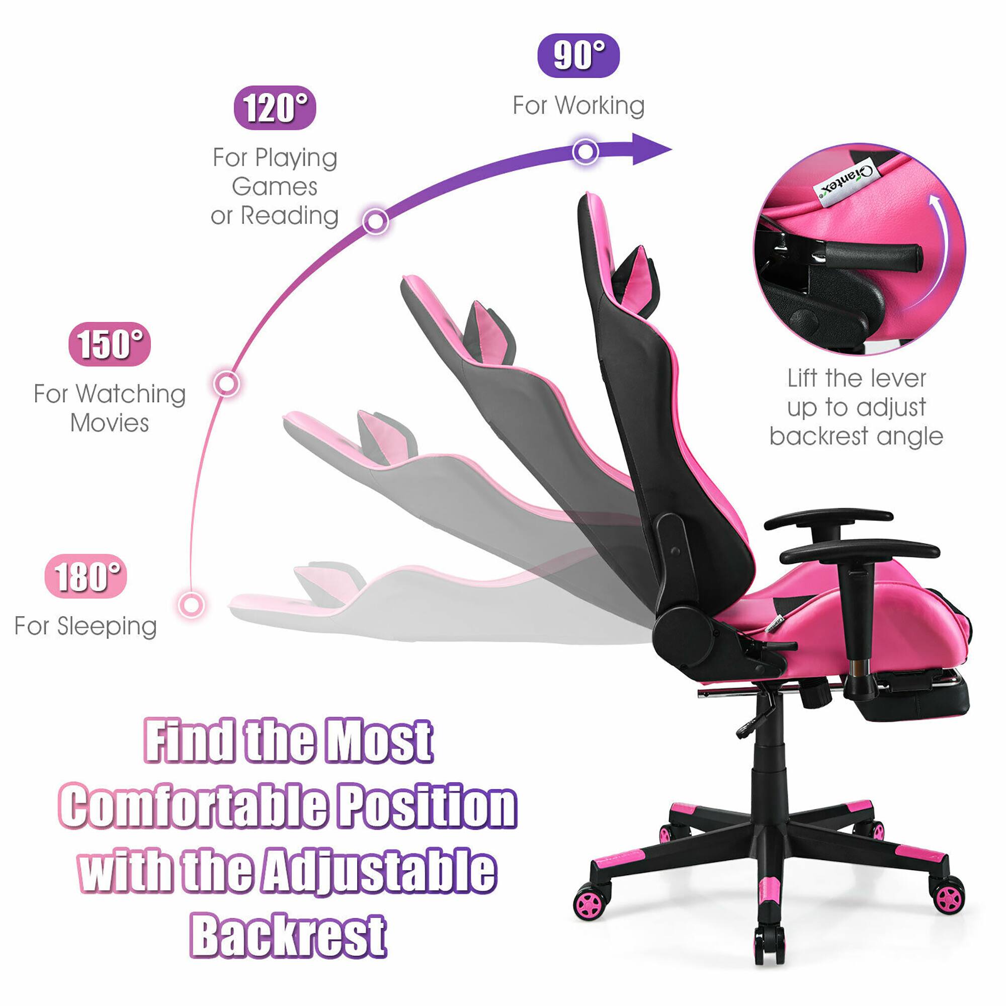 The image shows a pink chair with a black frame and an adjustable backrest. The chair is designed to provide comfort and support for various activities, such as playing games, reading, working, watching movies, and sleeping. The chair has a unique feature that allows the user to adjust the backrest angle by lifting the lever, ensuring the best possible position for each activity. The chair is marketed as the most comfortable position with the adjustable backrest.
