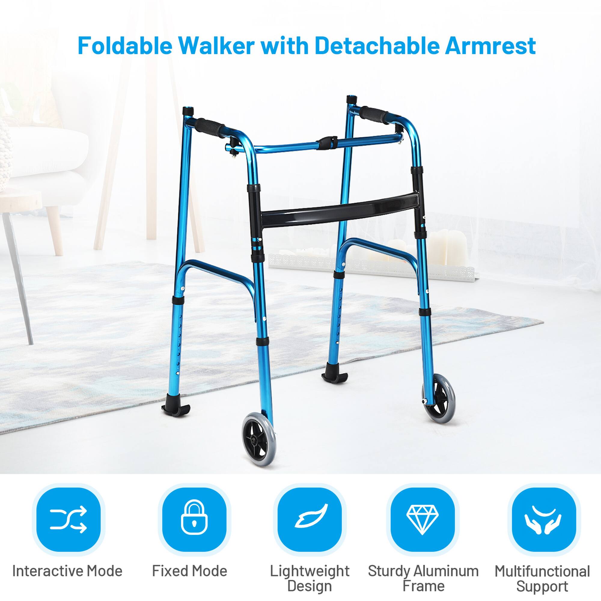 Foldable Walker with Detachable Armrest

- Interactive Mode
- Fixed Mode
- Lightweight Design
- Sturdy Aluminum Frame
- Multifunctional Support
