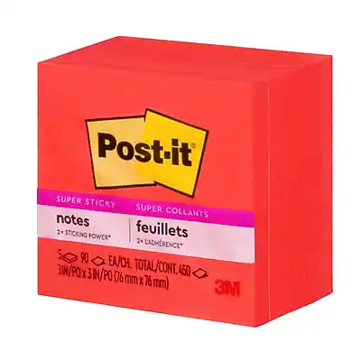 Post-it
SUPER STICKY
SUPER COLLANTS
notes
feuillets
+ STICKING POWER
+ 2x LADHRENCE*
90 EA/CH
TOTAL/CONT. 450
3 IN/PO x 3 IN/PO (76 mm x 76 mm)
3M