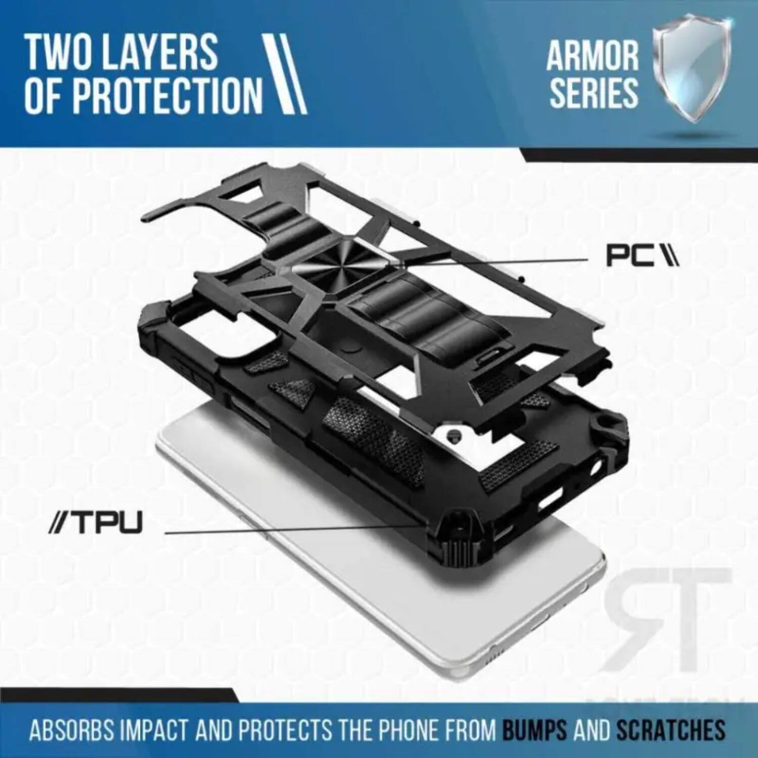 TWO LAYERS OF PROTECTION  
ARMOR SERIES  

PC // TPU  

ABSORBS IMPACT AND PROTECTS THE PHONE FROM BUMPS AND SCRATCHES