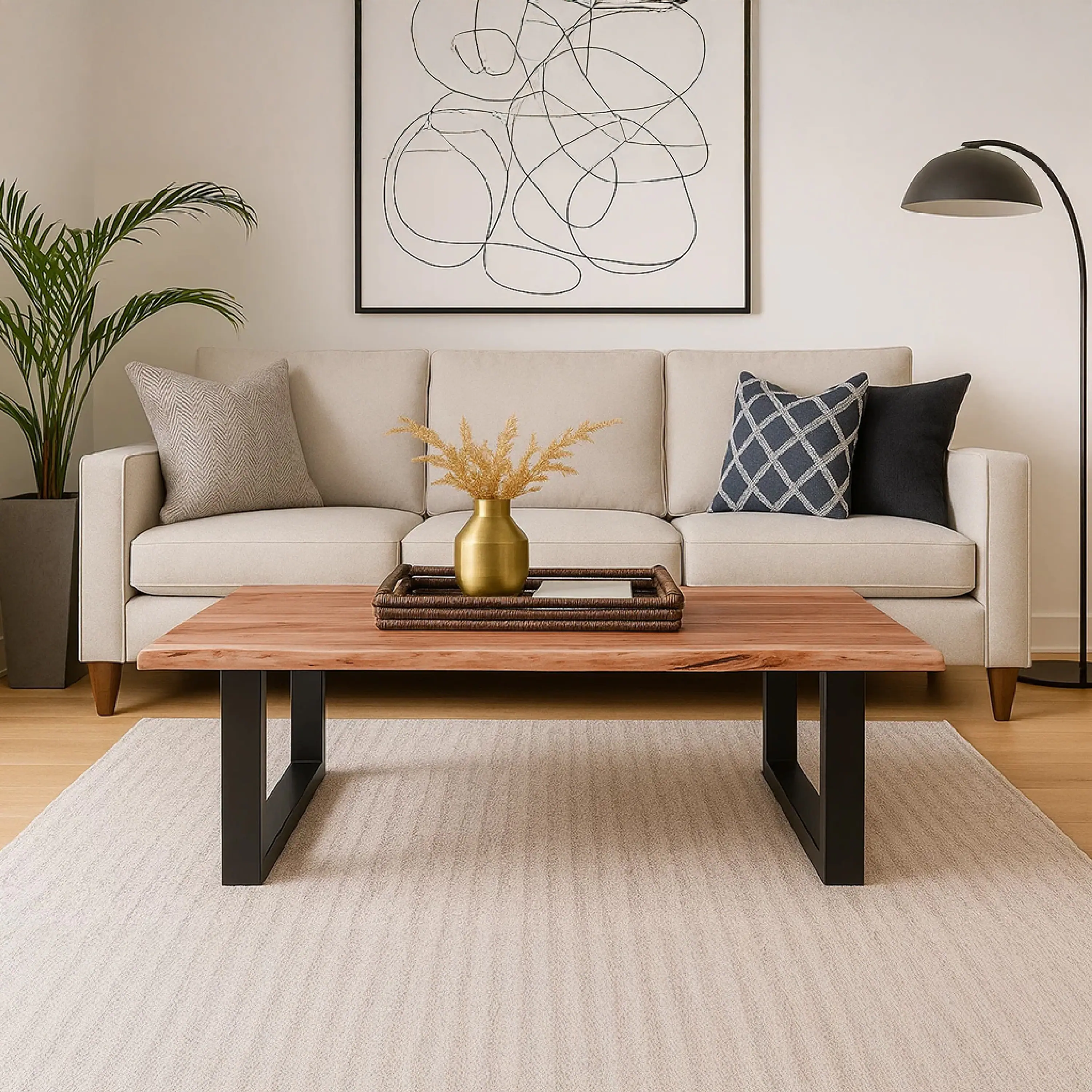Alt View 9. Manhattan Lane - 45 Inch Acacia Wood Rectangular Coffee Table, Live Edge Details, Black Powder Coated Metal Sled Base - Natural Brown and Black.