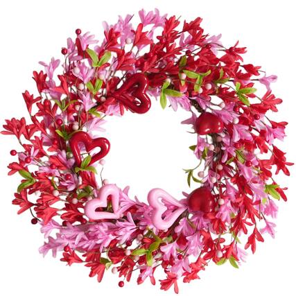 Front. Frangdom - Valentine Forsythia Heart Berry Wreath Spring Door Decor - 20" Pink Red Forsythia Heart Berries.