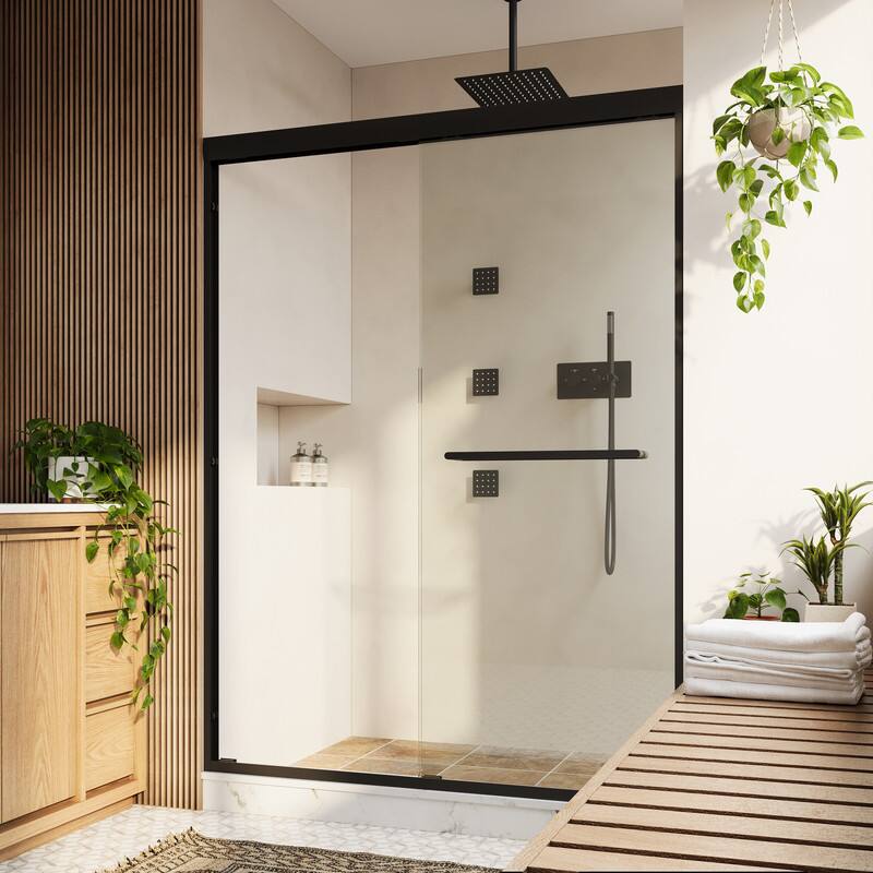Left. WELLFOR - 50-54 in W x 72 in H Framed Shower Door with Double Sliding & Stainless Steel Towel Bar Handle, 1/4" Tempered Glass - Matte Black.