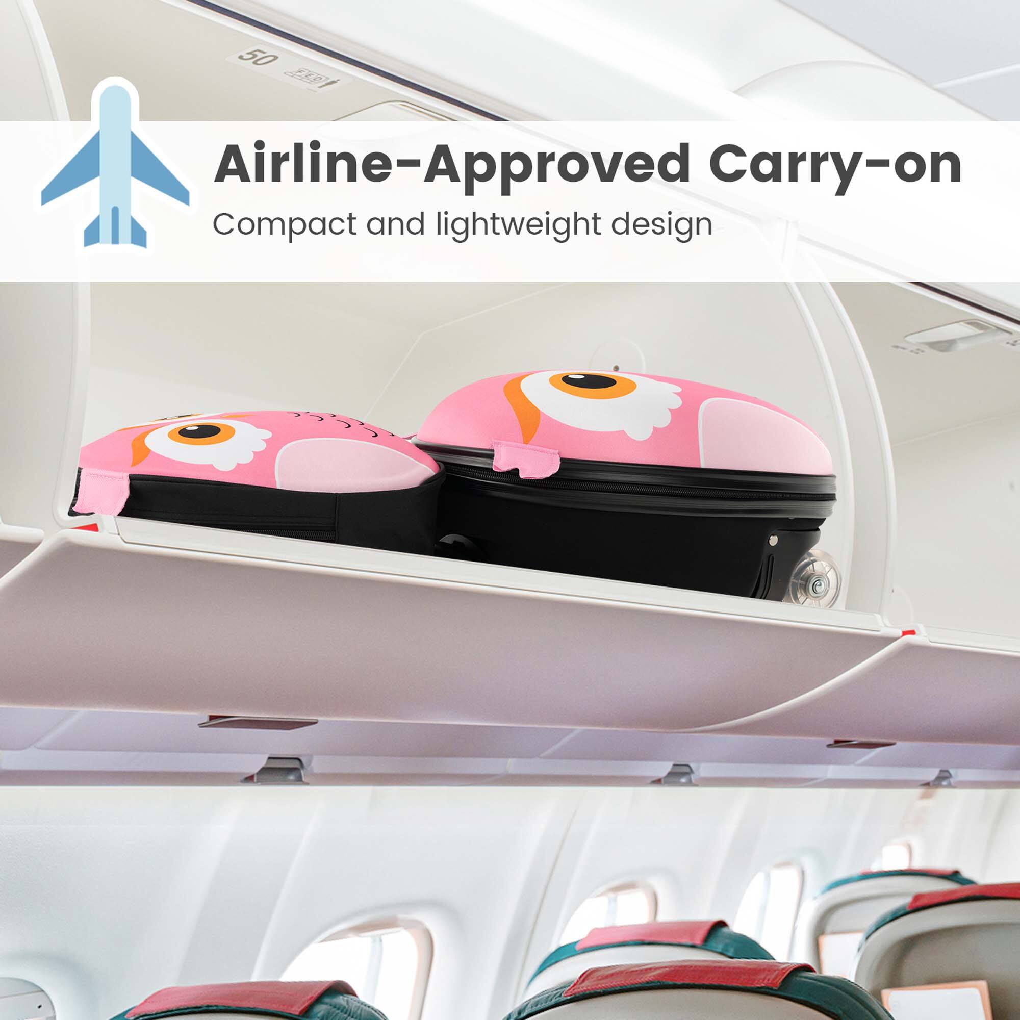 The text on the image reads "Airline-Approved Carry-on Compact and lightweight design."