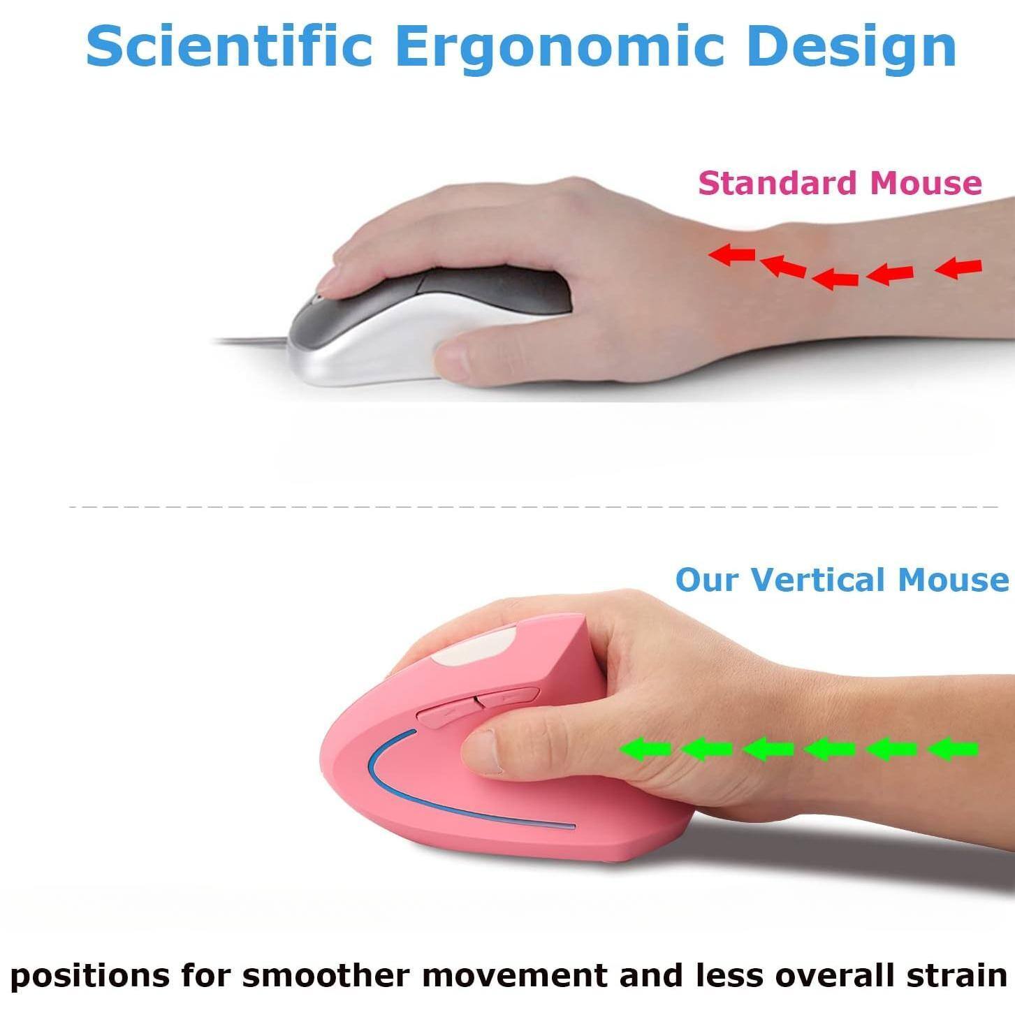 Scientific Ergonomic Design

Standard Mouse

Our Vertical Mouse

positions for smoother movement and less overall strain