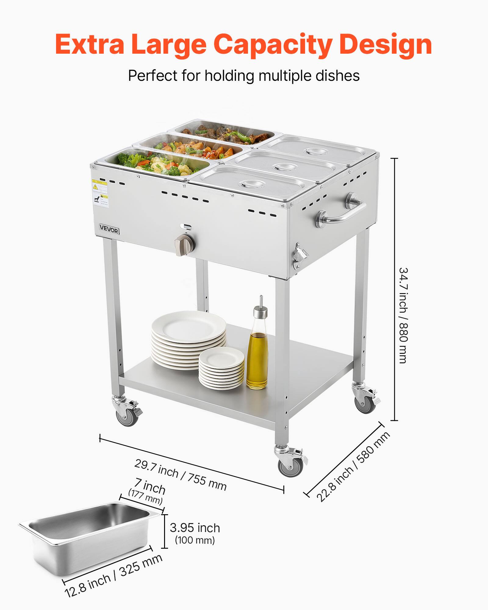 Extra Large Capacity Design  
Perfect for holding multiple dishes  

- 34.7 inch / 880 mm  
- 29.7 inch / 755 mm  
- 7 inch / 177 mm  
- 3.95 inch / 100 mm  
- 12.8 inch / 325 mm  
- 22.8 inch / 580 mm