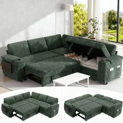 Front. Dyonery - 85" Modular 5 Seat L Shaped Couch with Reclining Backrest|USB Ports|Cup Holders|Side Table|Storage Chaise Armrests - Green.