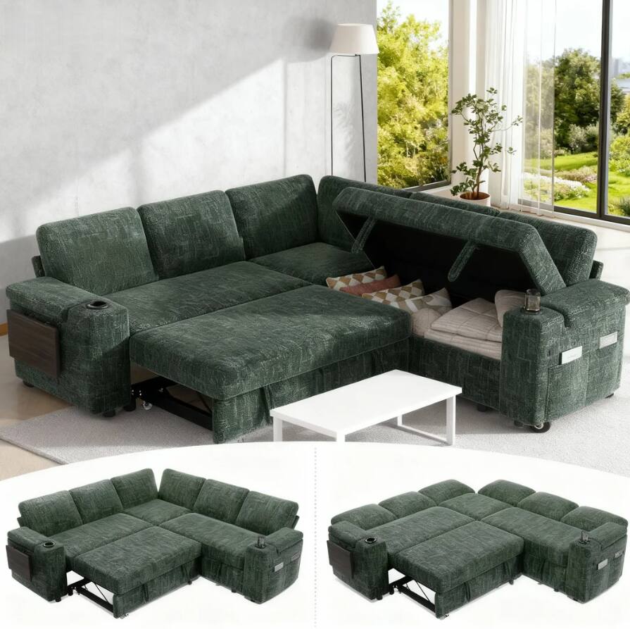 Dyonery - 85" Modular 5 Seat L Shaped Couch with Reclining Backrest|USB Ports|Cup Holders|Side Table|Storage Chaise Armrests - Green