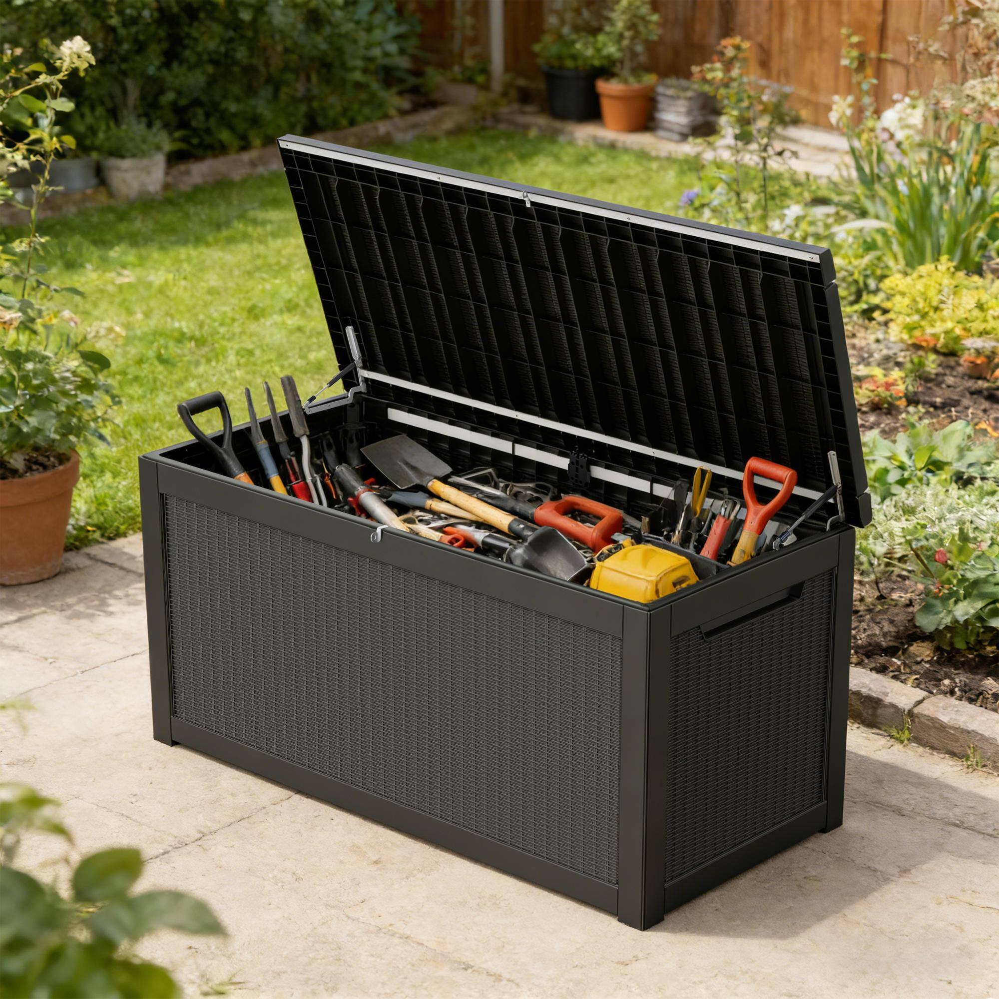 Angle. Decksplore - 260 Gallon Resin Outdoor Storage Box Large Sturdy Deck Box Waterproof Double Wall Panels for Backyard Garden Hose - Black.