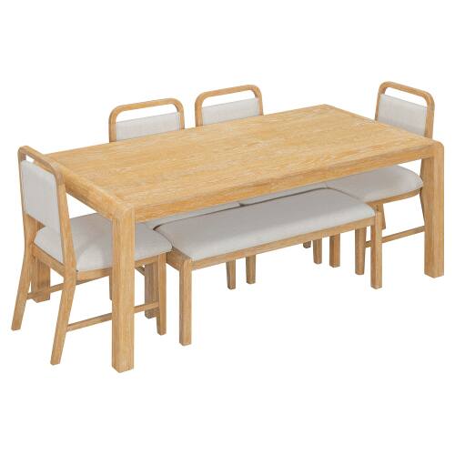 Alt View 3. LUCKY ONE - 6-Piece Rustic Dining Set with 72" Extendable Dining Table, Bench and 4 Upholstered Chairs - Natural.