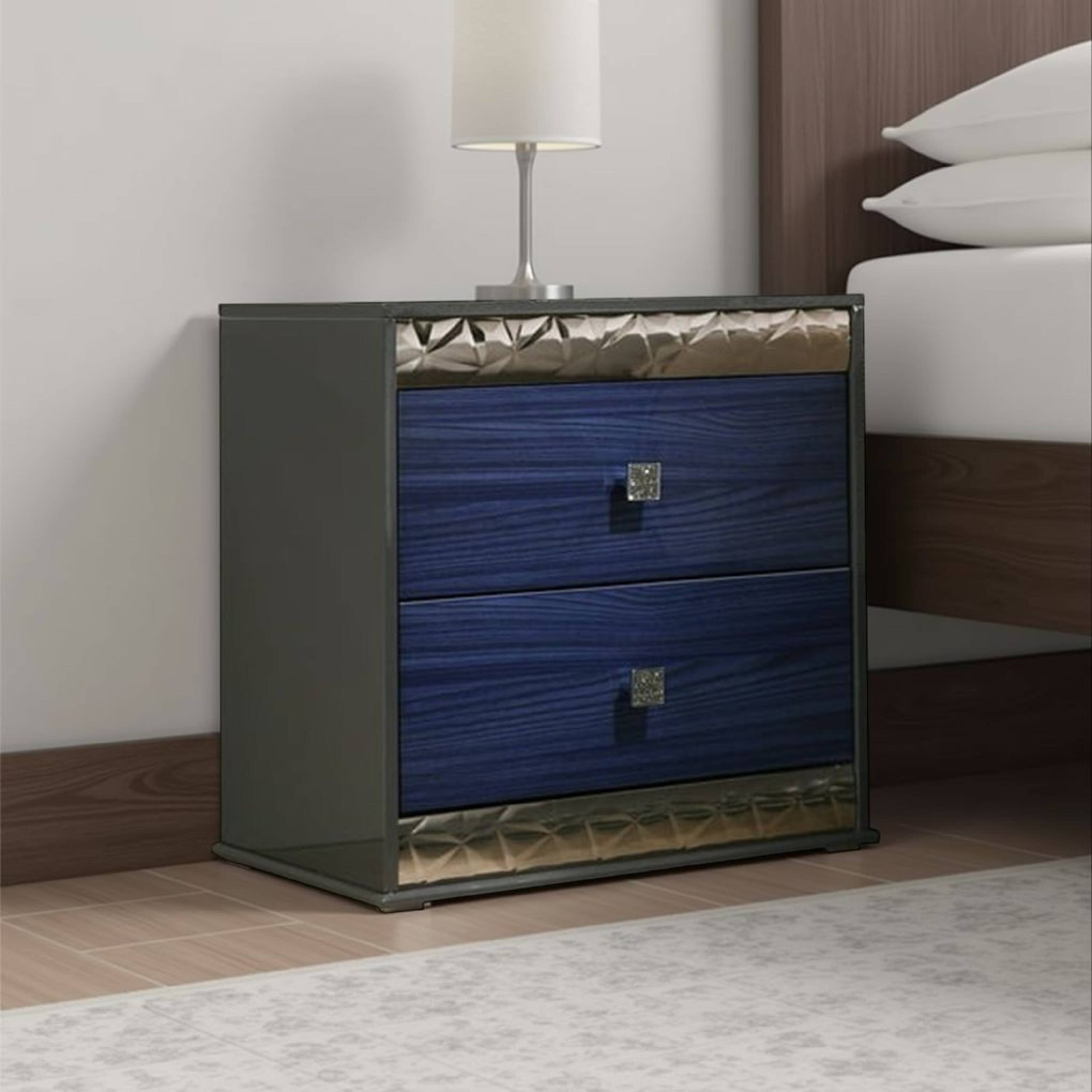 Alt View 5. Manhattan Lane - Zara Nightstand w 2 Drawers, Crystal Knobs - Ash Gray, Indigo Blue, Chrome.