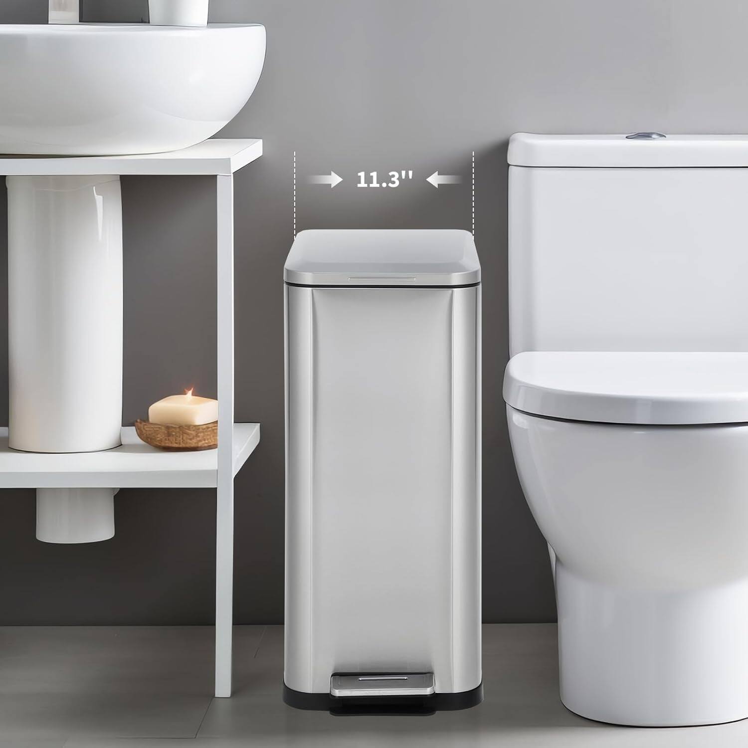 Alt View 3. Homhougo - Slim 13 Gallon Stainless Steel Trash Can, Step-On Rectangular Bin with Removable Inner Bucket - Silver.